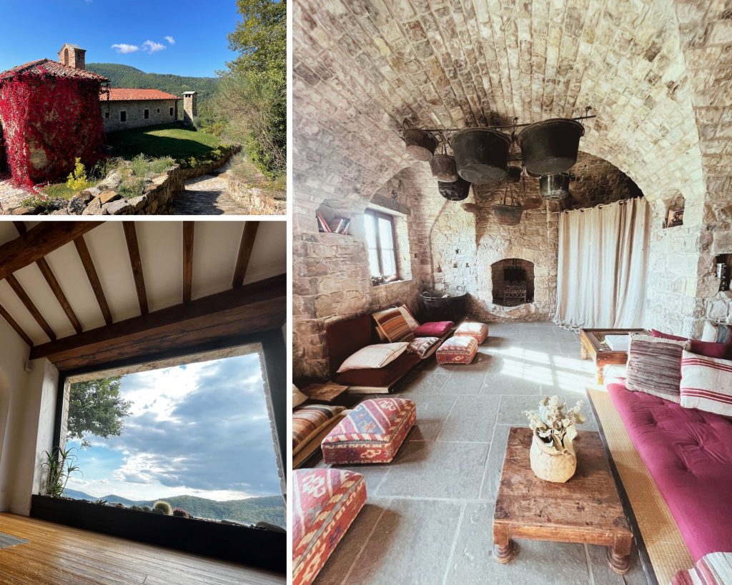 Alt tag: "Collage showcasing a rustic stone house covered in ivy, a scenic mountain view through a large window, and a cozy interior with arched ceilings, colorful cushions, and a wooden table."