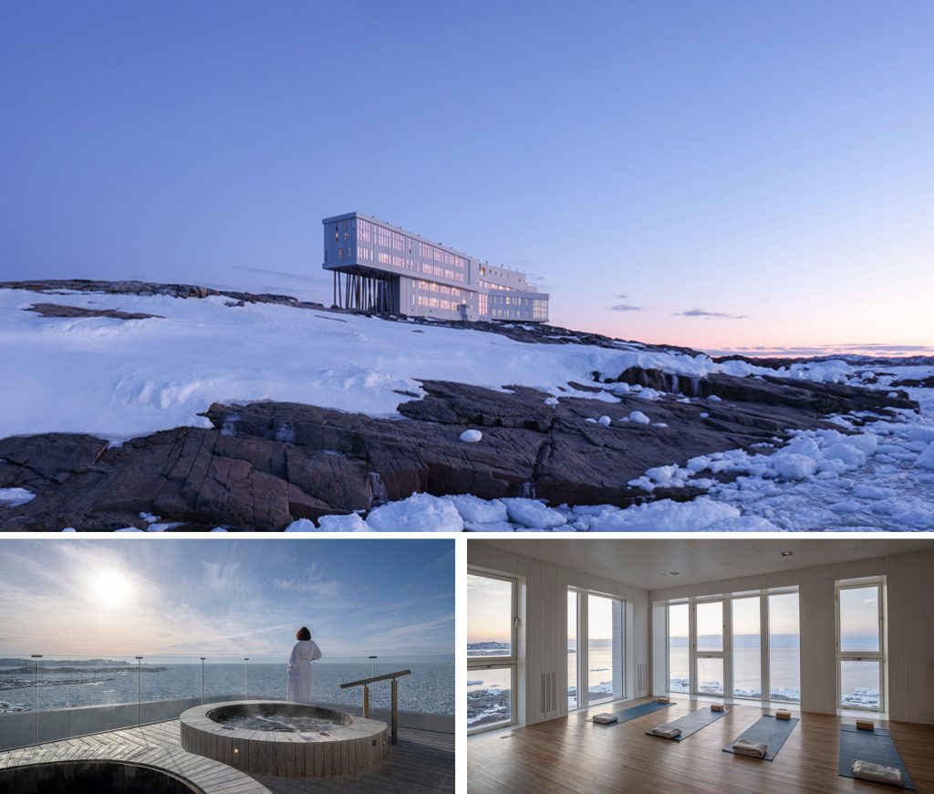 **Alt tag:** Contemporary hotel built on rocky terrain, surrounded by snow and ice, featuring a rooftop hot tub view, a person in a robe overlooking the ocean, and a serene indoor relaxation area with large windows showcasing the landscape.