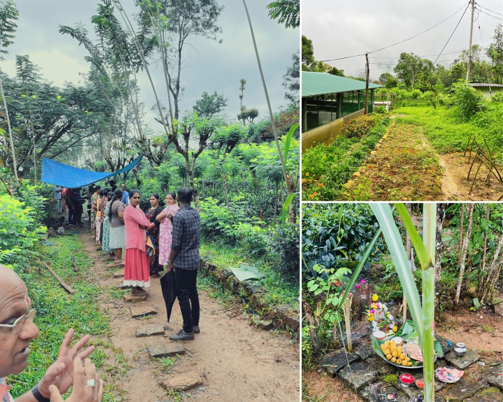 The image presents a vibrant collage of three photographs, showcasing various aspects of rural life in India. **Left Photo:** In the leftmost photo, a group of people are gathered on a dirt path within an agricultural field. The individuals are dressed in traditional Indian attire, with women wearing saris and men sporting long-sleeved shirts. A blue tarpaulin sheet is suspended above them, while several trees surround the area. **Top Right Photo:** The top right photo features a green-roofed building situated at the end of the dirt path from the leftmost photo. The building appears to be a rural residence or storage facility, surrounded by lush vegetation and power lines running overhead. **Bottom Right Photo:** The bottom right photo provides a close-up view of a small altar constructed on rocks in front of one of the trees depicted in the leftmost photo. A bowl filled with offerings is prominently displayed on the altar, accompanied by other items that are not clearly visible. The surrounding area is adorned with vibrant flowers and greenery. Overall, the collage offers a glimpse into rural Indian life, highlighting the importance of community gatherings, agriculture, and spiritual practices within this cultural context.