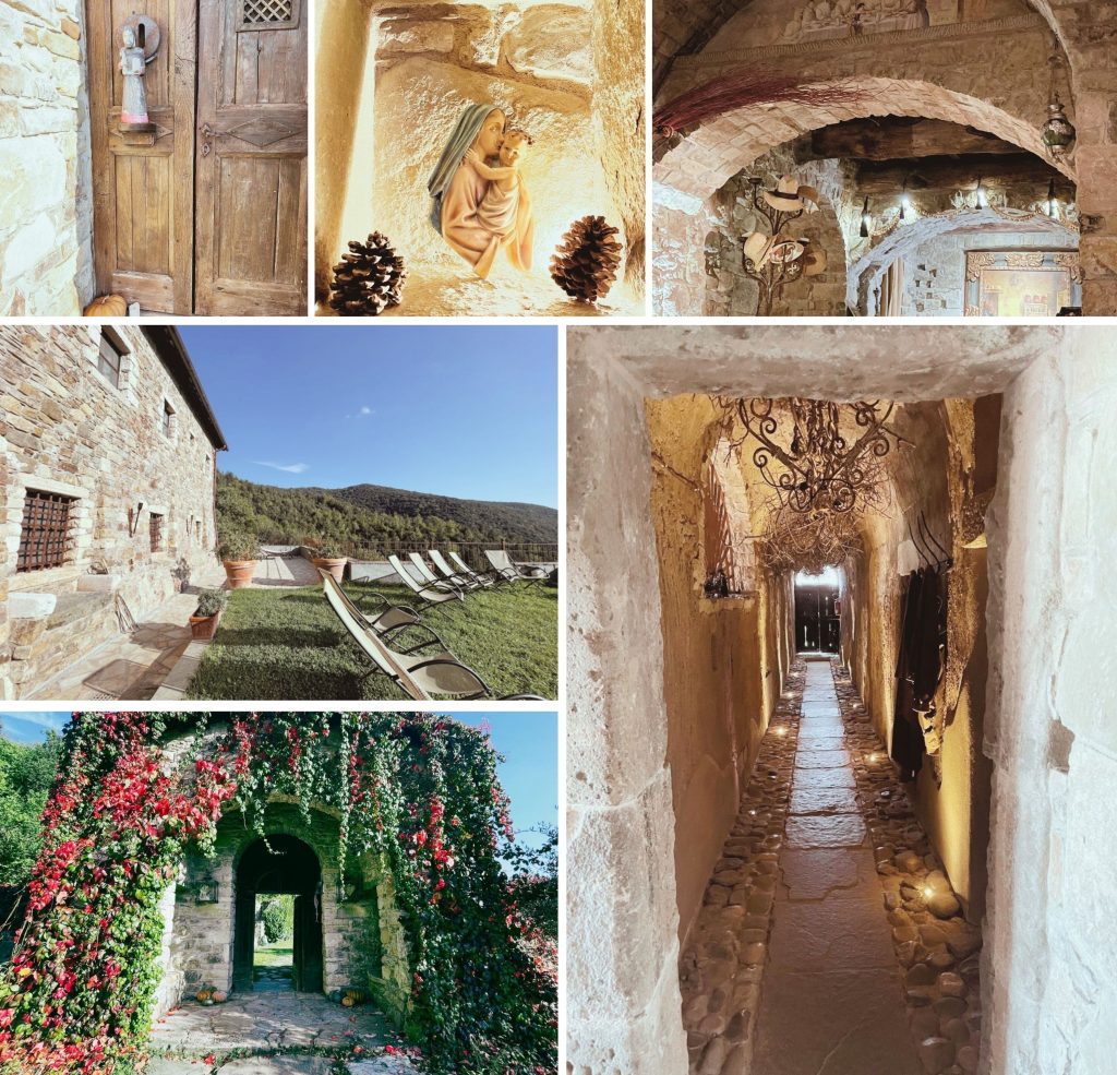A collage showcasing rustic architecture featuring a wooden door, a serene garden with lounge chairs, decorative niches with small sculptures, and charming stone hallways adorned with flowers and artistic lighting.