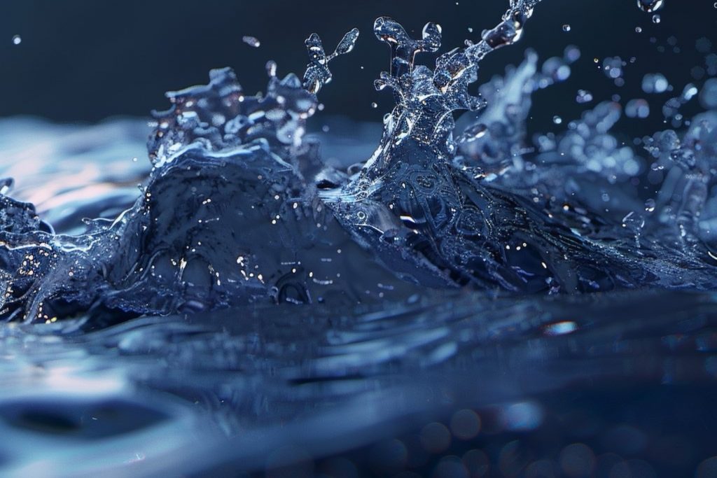 Close-up of swirling water with splashes, featuring dynamic blue tones and reflections, set against a dark background.