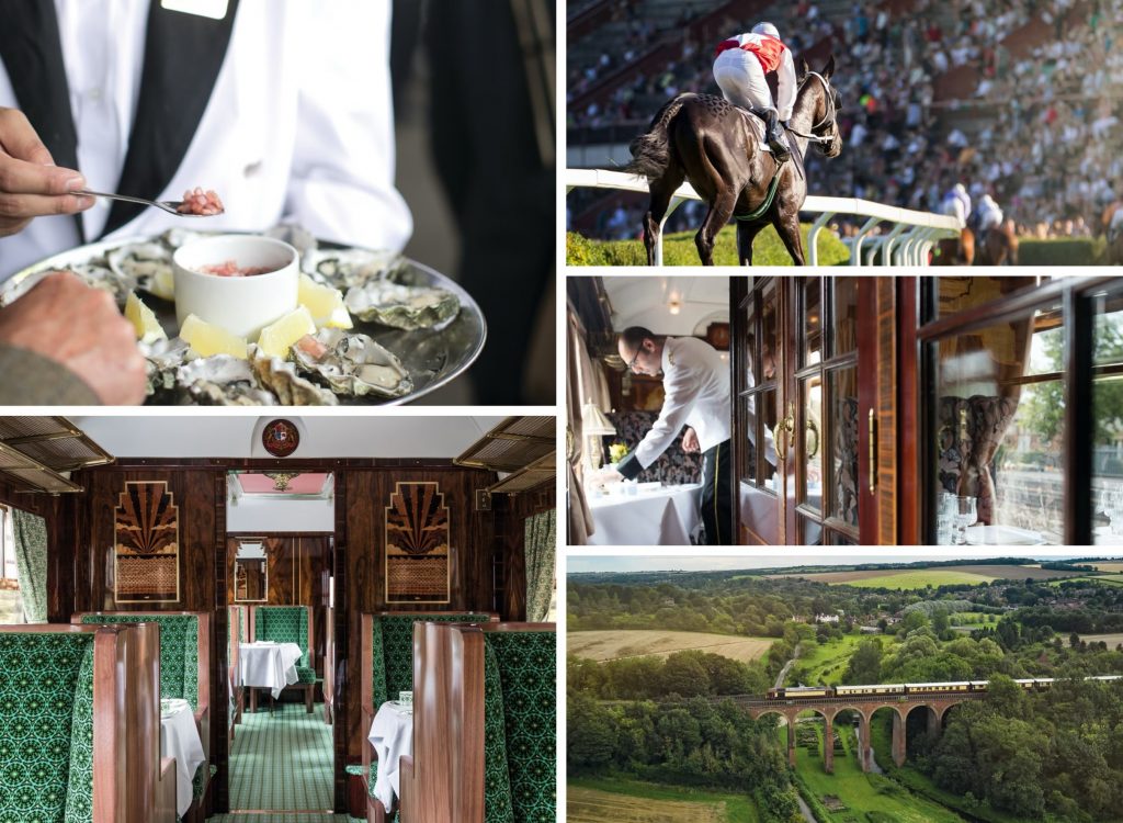 A collage showcasing luxurious experiences: a waiter serving oysters, a horse race, an elegant dining scene, a vintage train interior, and a scenic view of a train crossing a viaduct in lush countryside.