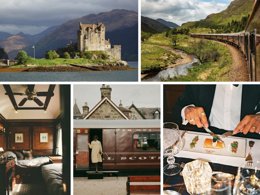 A collage showcasing scenic Scottish landscapes featuring a historic castle, a train traveling through lush countryside, an elegant train cabin interior, a charming village, and a gourmet dining experience aboard the train.