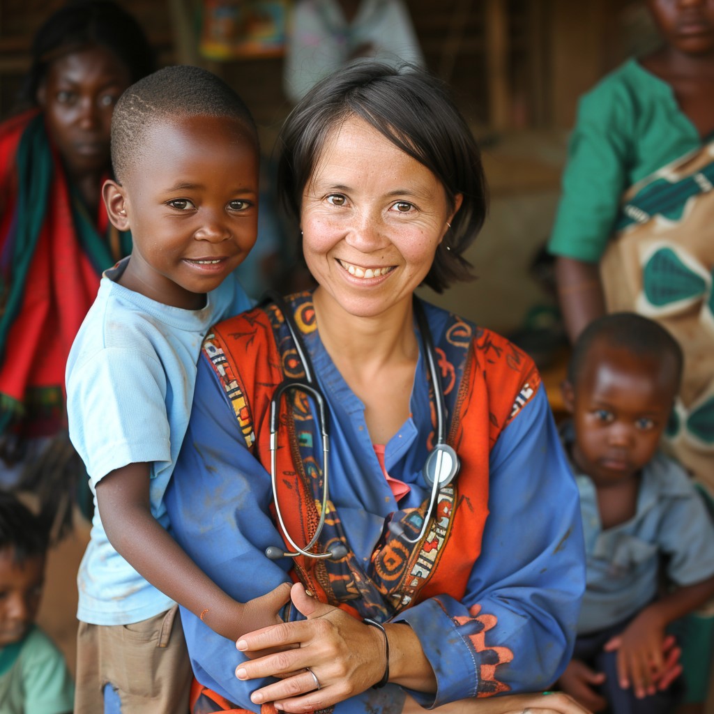 The image depicts a woman, likely a doctor or nurse, posing with a young boy in her lap. The woman has short black hair and is wearing a blue shirt with red accents and a stethoscope around her neck. The boy has dark skin and wears a light-blue t-shirt and brown pants. He is smiling and looking at the camera while the woman looks directly into it, holding him close to her chest as if posing for a photo. In the background are several other people and children, all with dark skin, suggesting that this may be a medical professional working in an underdeveloped country. The setting appears to be outdoors, possibly on the porch of a clinic or hospital.