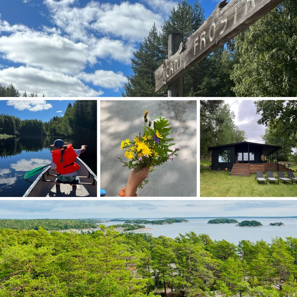 The image presents a collage of four photographs, each showcasing a distinct aspect of nature and outdoor activities. The top-left photo features a serene lake scene with trees in the background, while the top-right photo displays a wooden sign bearing the name "Kall Frosita". The bottom-left photo captures a person paddling a canoe on a river or lake, surrounded by lush greenery. **Key Features:** * **Top-Left Photo:** A tranquil lake scene with trees in the background. + Atmosphere: Peaceful and serene + Dominant colors: Blues and greens * **Top-Right Photo:** A wooden sign reading "Kall Frosita". + Significance: Likely a landmark or destination name + Dominant color: Brown (wooden sign) * **Bottom-Left Photo:** A person paddling a canoe on a river or lake, surrounded by lush greenery. + Activity: Canoeing or kayaking + Atmosphere: Active and adventurous + Dominant colors: Blues, greens, and browns Overall, the image showcases a variety of natural settings and outdoor activities, evoking feelings of peace, adventure, and connection with nature.
