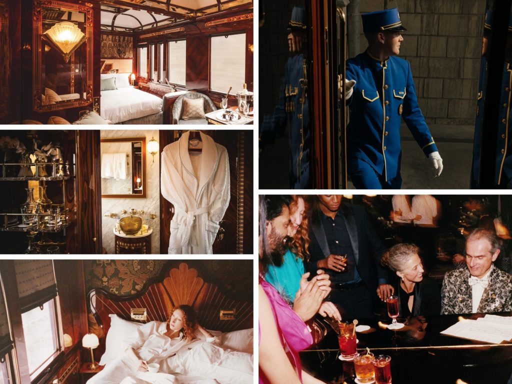 This collage of photographs showcases the luxurious amenities and ambiance of the famous Orient Express train, where passengers can indulge in fine dining, relax in ornate rooms, and enjoy the company of fellow travelers. The top left photograph features a room with dark wood paneling and furnishings, while the middle left image displays a selection of crystal glasses on a shelf. The bottom left photo shows a woman reclining on a bed. A white bathrobe hangs in the center right image, accompanied by a small sink and mirror to its left. In the top right corner, a bellhop dressed in blue attire is captured walking through a doorway. The bottom right photograph depicts three individuals engaged in conversation over drinks at a table.