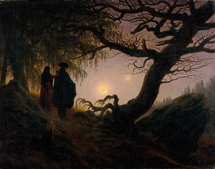 Alt tag: "Silhouetted figures standing under a gnarled tree, gazing at a crescent moon in a twilight landscape filled with dense trees and rocky terrain."