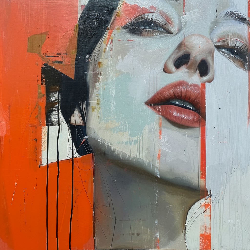 The image is a painting of a woman's face, with a mix of abstract and realistic elements. * **Painting Style** * The painting features bold brushstrokes and vibrant colors. * It has an abstract feel to it, but also captures the likeness of the subject. * **Color Palette** * The dominant color is red, which adds a sense of warmth and energy to the piece. * Other colors used include black, white, gray, brown, beige, cream, tan, peach, salmon, coral, orange, yellow, green, blue, purple, pink, magenta, lavender, and powder blue. * **Composition** * The painting is divided into two main sections: the left side features a bold red background with abstract shapes and lines, while the right side depicts the woman's face in more detail. * The subject's eyes are closed, and her lips are slightly parted as if she is about to speak or smile. * **Subject Matter** * The subject of the painting appears to be a young adult or teenager with long black hair that falls across her forehead. * Her skin tone is light beige with peach undertones. Overall, the painting combines abstract and realistic elements to create a unique and captivating piece of art.