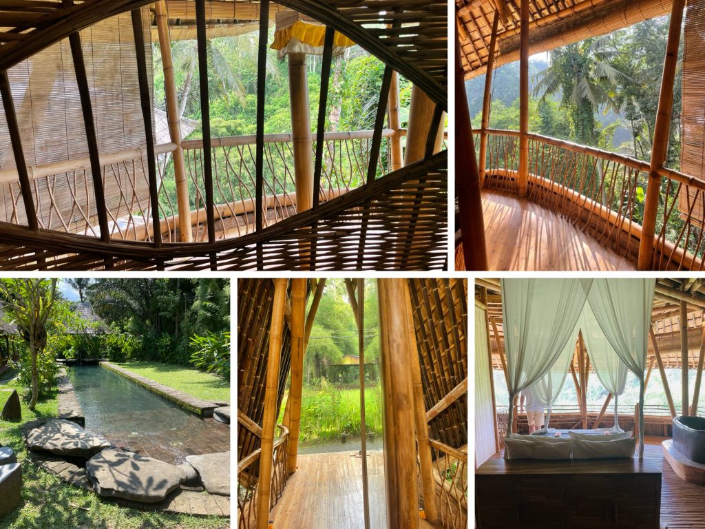 This collage of photographs showcases the interior and exterior of a bamboo structure, likely a treehouse or cabin. The top row features two close-up shots: one from inside the curved stairwell, with an open door revealing an outdoor space beyond, and another showcasing the balcony's railing, which is also made of bamboo. The bottom row presents three additional views, including a serene pool area in the leftmost image, a doorway leading to the exterior in the middle image, and a cozy interior scene on the right featuring a raised platform with sheer curtains. The overall atmosphere suggests a peaceful retreat or vacation spot, likely located in a tropical region given its bamboo construction and lush surroundings.