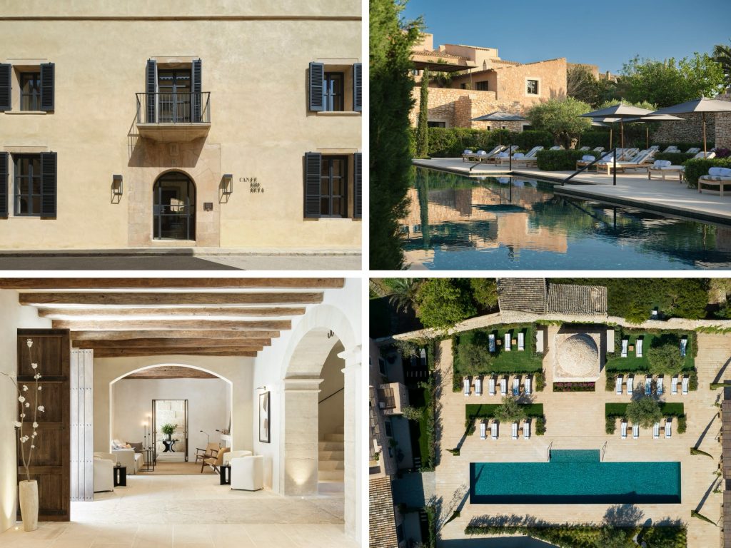 Elegant collage showcasing a luxury hotel: exterior view with ochre walls and dark shutters, a sleek swimming pool surrounded by loungers, a modern interior lobby with wooden beams, and an aerial view of landscaped gardens and a tranquil pool area.