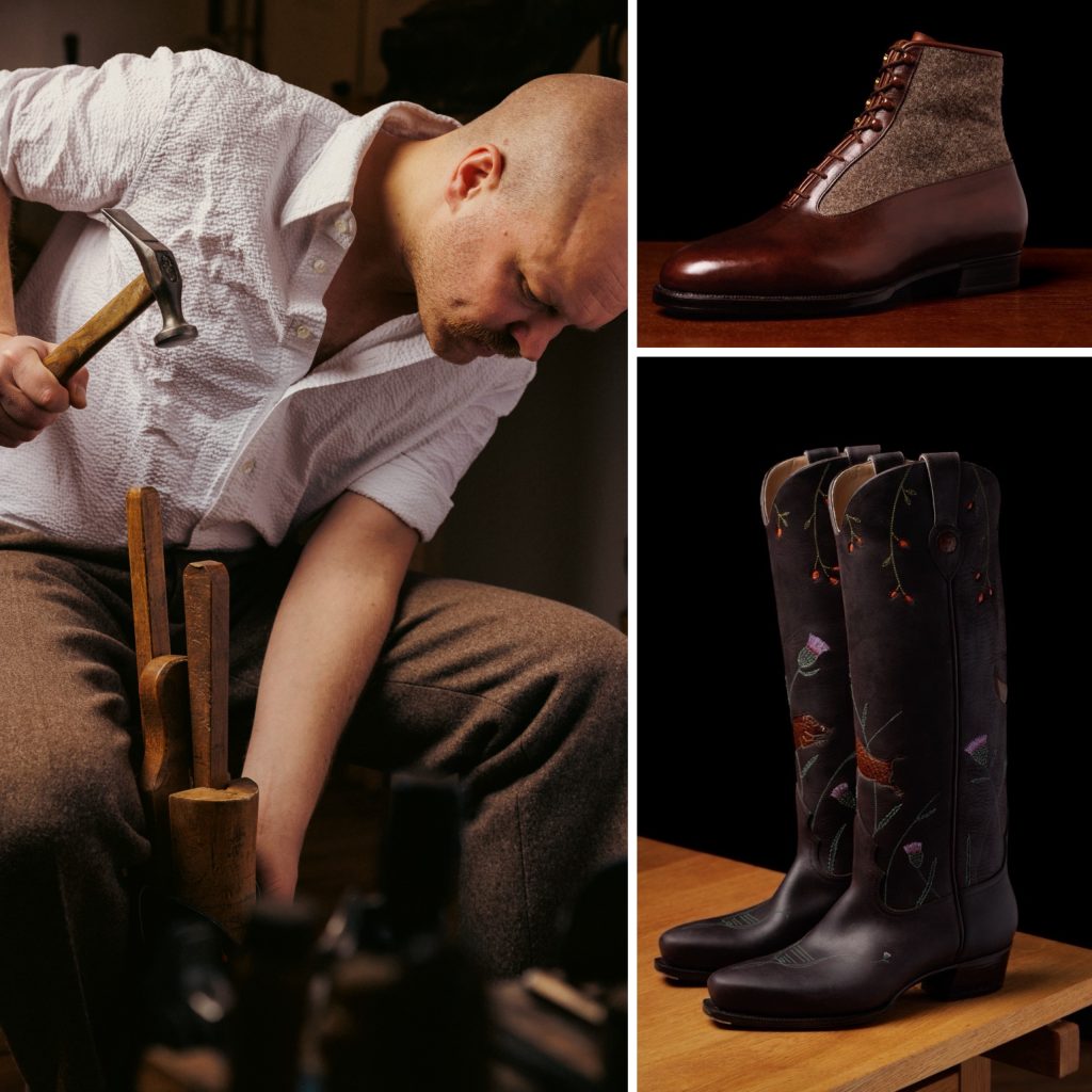A shoemaker working on a piece of footwear with a hammer in hand, accompanied by close-up images of a leather ankle boot and an ornate tall boot, showcasing craftsmanship and design.