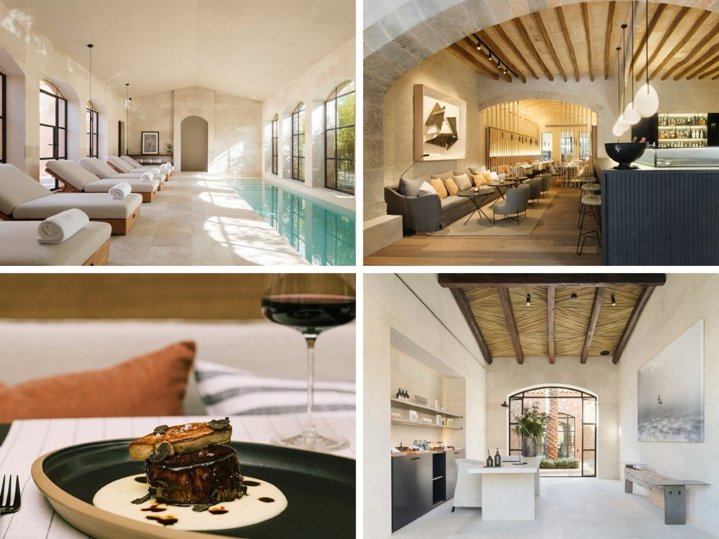 "Collage of modern luxury spaces: top left features a serene poolside lounge with sunbeds, top right showcases a stylish dining area with contemporary decor, bottom left displays an elegant dish with wine, and bottom right highlights a minimalist kitchen design with natural light."