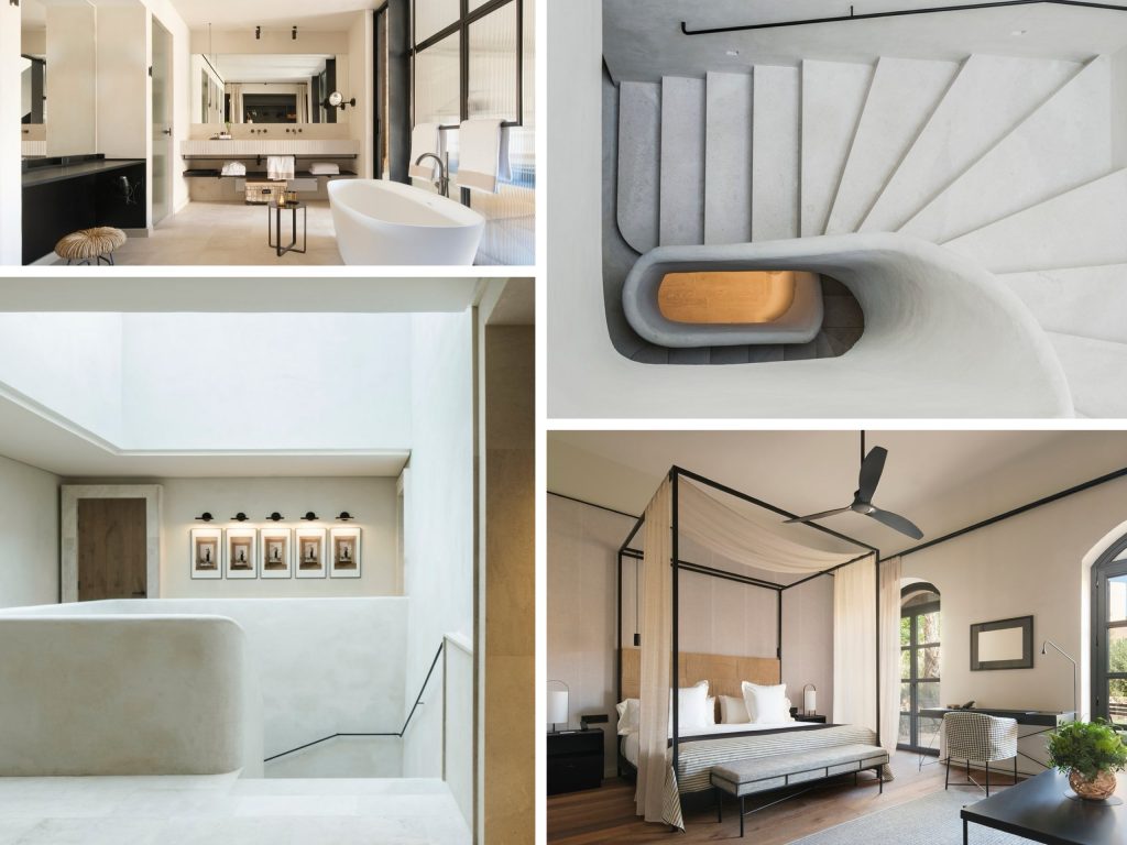 Alt tag: "Collage of modern interior spaces featuring a minimalist bathroom with a freestanding tub, a stylish staircase with elegant curves, a cozy bedroom with a canopy bed, and a bright atrium with framed artwork."