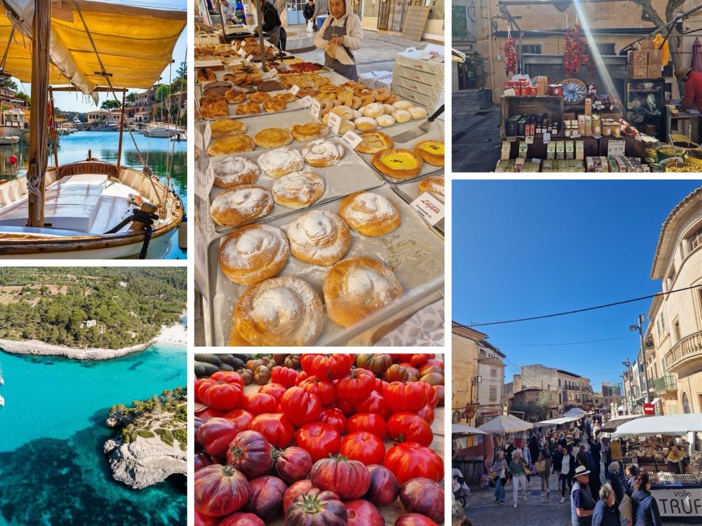 A vibrant collage featuring a scenic boat on a tranquil harbor, an array of freshly baked pastries, a bustling market with local goods, a picturesque beach and coastline, rustic tomatoes displayed at a market stall, and a lively street filled with visitors enjoying a sunny day.