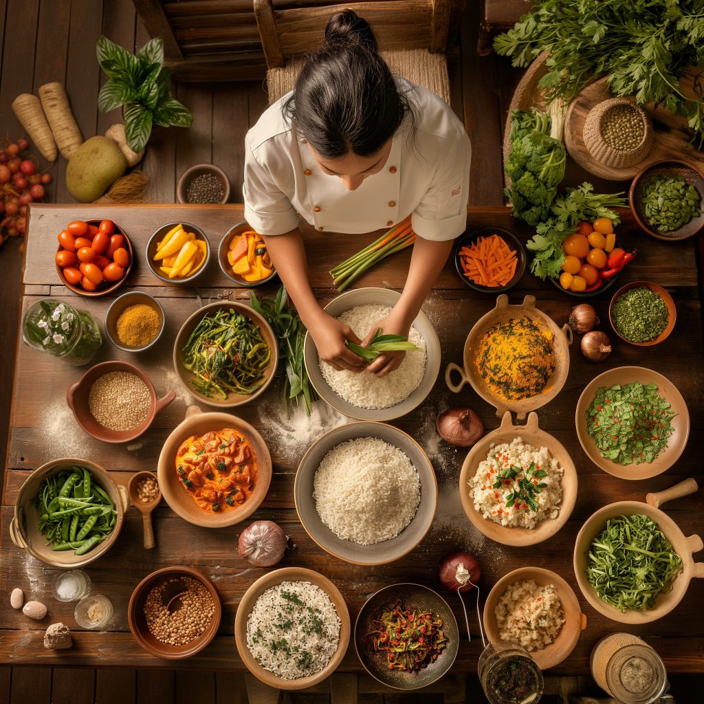 This image depicts an overhead view of a chef engaged in food preparation, with a large wooden table at the center laden with an assortment of ingredients and dishes. The chef, attired in a white shirt and brown buttons on the sleeves, is actively stirring rice in one of three bowls with green onions. The surrounding table displays various vegetables, including cherry tomatoes, carrots, peppers, and herbs. Additional dishes are scattered about the table, while small bowls containing different types of grains and spices are situated near the bottom left corner. The wooden floor beneath the table provides a warm and rustic backdrop to the scene, evoking a sense of a bustling kitchen or restaurant.