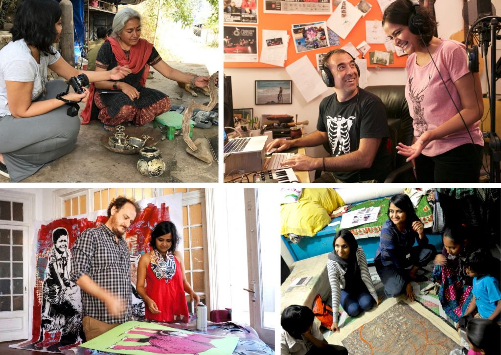 The image presents a collage of four photographs showcasing various individuals engaged in different activities. In the top-left photo, two women are depicted in a workshop-like setting, with one woman holding an object that appears to be a camera or other device. The second photo features a man and a young girl standing together, with the man wearing headphones and holding what looks like a keyboard. The bottom-left photo shows a man and a woman standing over a table covered with colorful fabric, while the right photo depicts four people sitting around a large piece of artwork. The photographs are arranged in two rows, with the top row featuring the first three photos and the bottom row displaying the fourth photo. The background of each photograph is distinct, but they all share a common theme of showcasing individuals engaged in various activities. Overall, the image appears to be a collection of snapshots taken during a community event or workshop, highlighting the diversity and inclusivity of the participants.