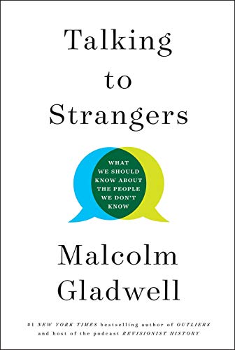 The image presents the cover of Malcolm Gladwell's book, "Talking to Strangers". The cover features a clean and simple design with a prominent title and author name. * **Title** + Font: Large, bold font + Color: Dark green + Position: Centered at the top of the cover * **Subtitle** + Text: "What we should know about the people we don't know" + Font: Smaller than the title font + Color: White or light gray (difficult to distinguish) + Position: Below the title, centered within a circular shape * **Author's Name** + Font: Large, bold font + Color: Dark green + Position: Centered at the bottom of the cover The overall design is minimalist and easy to read, with clear typography and a prominent display of the author's name. The use of dark green for both the title and author's name creates a sense of cohesion and professionalism.