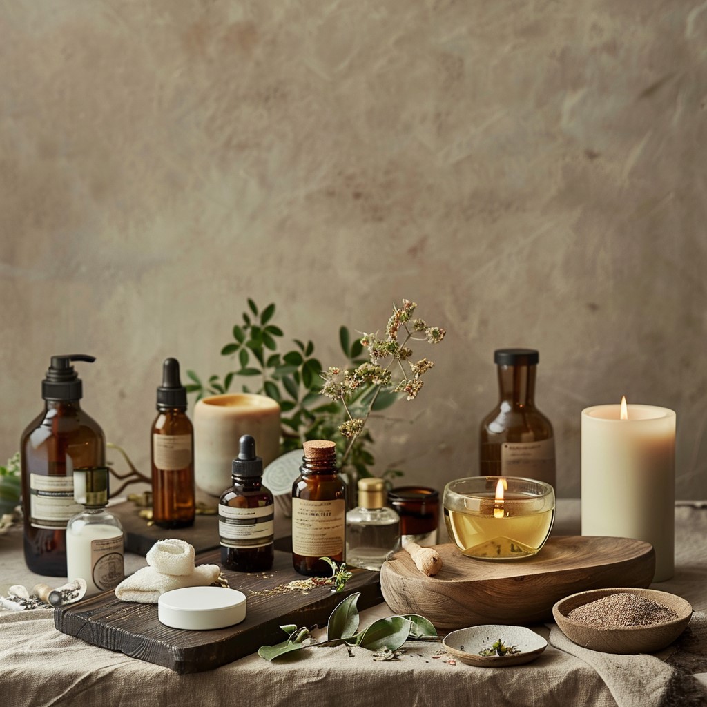 A serene flat lay of various natural skincare products, including glass bottles, oils, a lit candle, and potted greenery, arranged on a textured surface, conveying a sense of wellness and tranquility.
