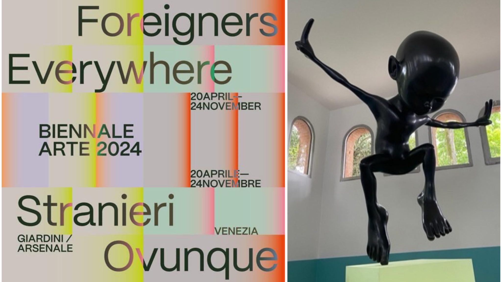 The image is an advertisement for the "Foreigners Everywhere" art exhibition, featuring a striking visual composition with bold typography, abstract shapes, and a prominent sculpture of a humanoid figure. * **Title and Dates** + Title: "Foreigners Everywhere" + Dates: April 20 - November 24 * **Event Details** + Location: Stranieri Ovunque, Venice + Event Type: Biennale Arte 2024 * **Visual Elements** + Abstract shapes in pastel colors + Bold black font for title and text + Large sculpture of a humanoid figure with elongated limbs and no face * **Background** + Subtle gradient effect on background The image effectively conveys the essence of the art exhibition, highlighting its unique blend of abstract art, bold typography, and thought-provoking sculptures. The use of pastel colors and subtle gradients creates a visually appealing contrast with the bold black font, drawing attention to the title and event details. Overall, the image successfully captures the imagination and curiosity of potential attendees, inviting them to explore the world of "Foreigners Everywhere".