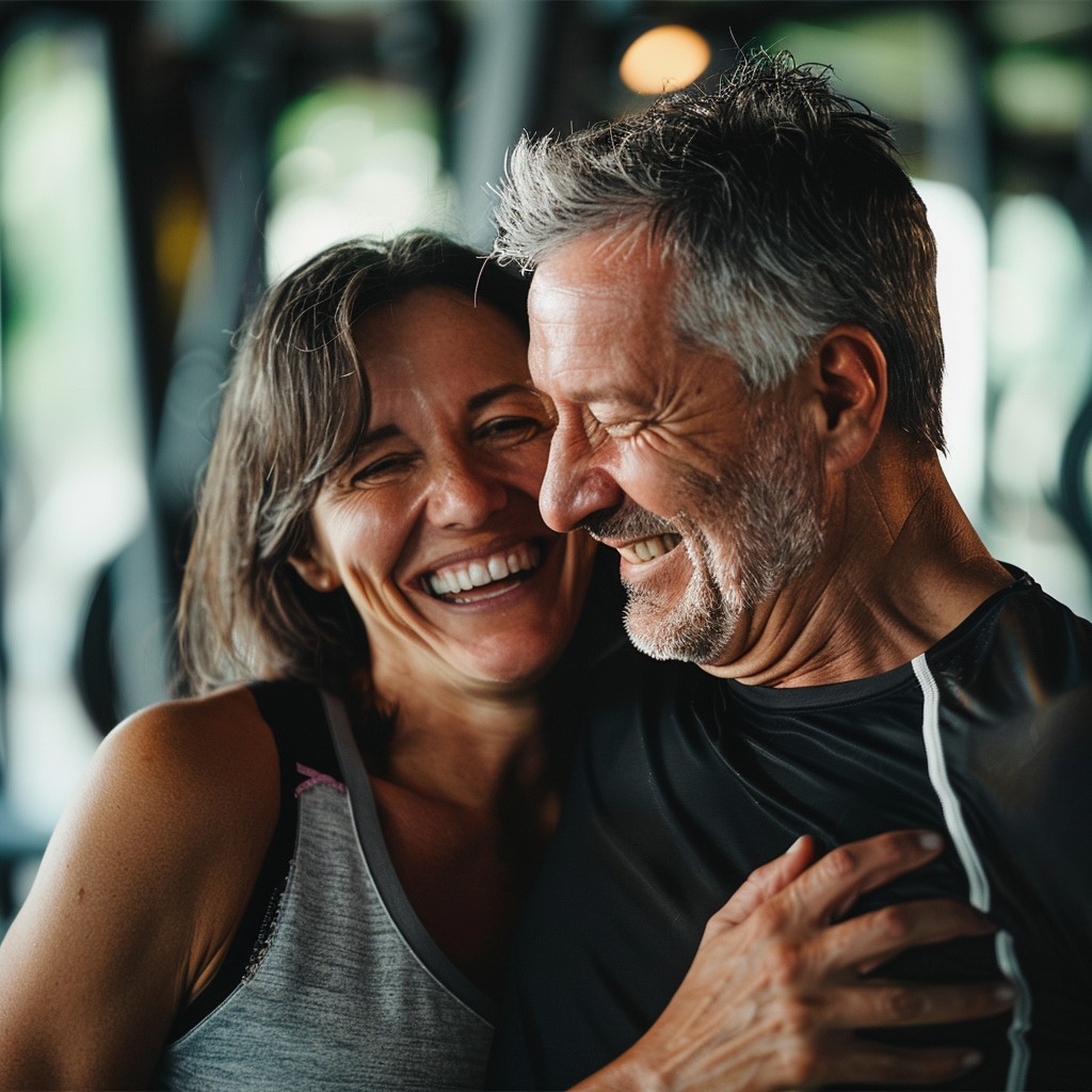 A happy middle-aged couple sharing a joyful moment, laughing together in a gym setting.