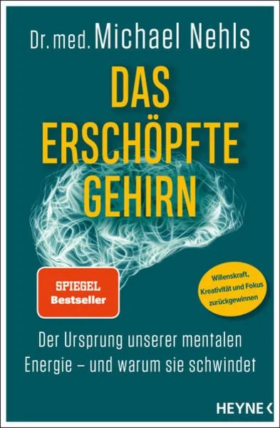 The image depicts the cover of a book titled "Das Erschöpfte Gehirn" by Dr. med. Michael Nehls, written in German. * The title is prominently displayed in large yellow text at the top of the cover. + It reads "DAS ERSCHÖPFTE GEHIRN", with each word on a separate line. * Below the title, there is a small illustration of a brain made up of white lines and shapes. + The brain is depicted in a stylized manner, with some areas appearing more dense or textured than others. * In the bottom-left corner, there is an orange rectangle with rounded corners that contains the words "SPIEGEL BESTSELLER" in white text. + This suggests that the book has been recognized as a bestseller by Spiegel magazine. Overall, the cover effectively conveys the theme of the book, which appears to be related to mental health and cognitive function. The use of a brain illustration and a "bestseller" label adds visual interest and credibility to the design.