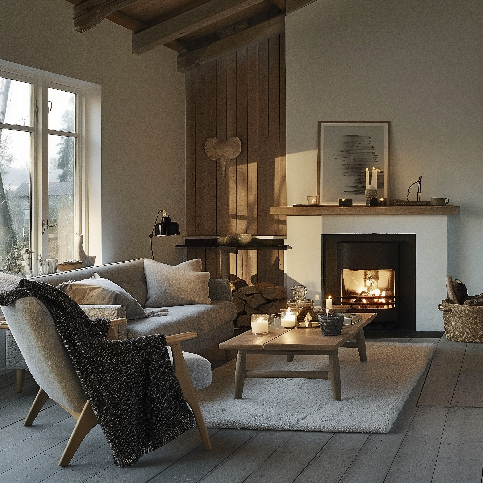 Cozy living room with natural lighting, featuring a plush gray sofa, wooden coffee table, and a fireplace adorned with candles. A soft rug covers the floor, and a knitted blanket is draped over a chair, creating an inviting atmosphere.