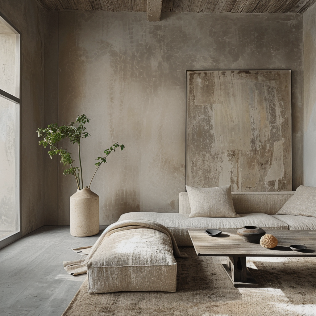 This image showcases a spacious, minimalist living room with a harmonious blend of natural materials and neutral tones. The room's focal point is the corner sofa, upholstered in light beige fabric, which is paired with a matching ottoman draped with a blanket. The floor is covered by a plush rug in various shades of brown, while the walls are constructed from a combination of wood and stucco, providing texture to the space. In the foreground, two tall planters filled with lush greenery flank a window on the left side of the room, adding a touch of organic elegance. The overall ambiance is one of serenity and sophistication, making this living room an inviting retreat for relaxation and entertainment.
