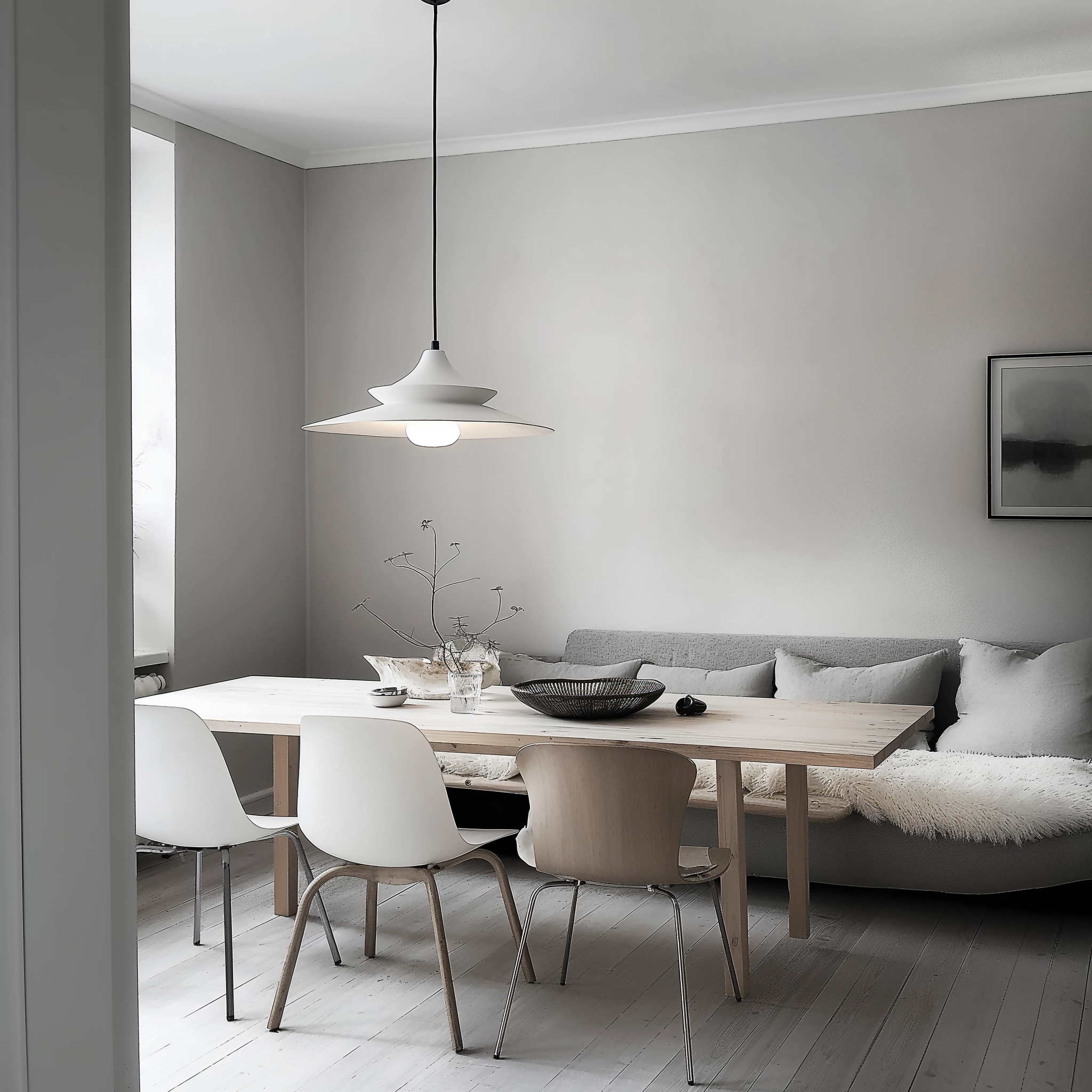 The image depicts a harmonious blend of light wood tones, featuring a spacious dining area with two pendant lights suspended above the table. In the foreground, the table is accompanied by four chairs, with two white ones positioned at each end, and two brown chairs on either side. The pendant lights, shaped like upside-down saucers or umbrellas with three layers, add a touch of elegance to the space. On the table, small bowls hold clear glass jars containing branches and flowers, while two black wicker trays are placed in front of them. In the background, the gray couch is adorned with light-colored cushions, complemented by a large window on the left side that allows natural light to pour in. The overall atmosphere exudes minimalism, with soft, monochromatic colors creating a calming ambiance.