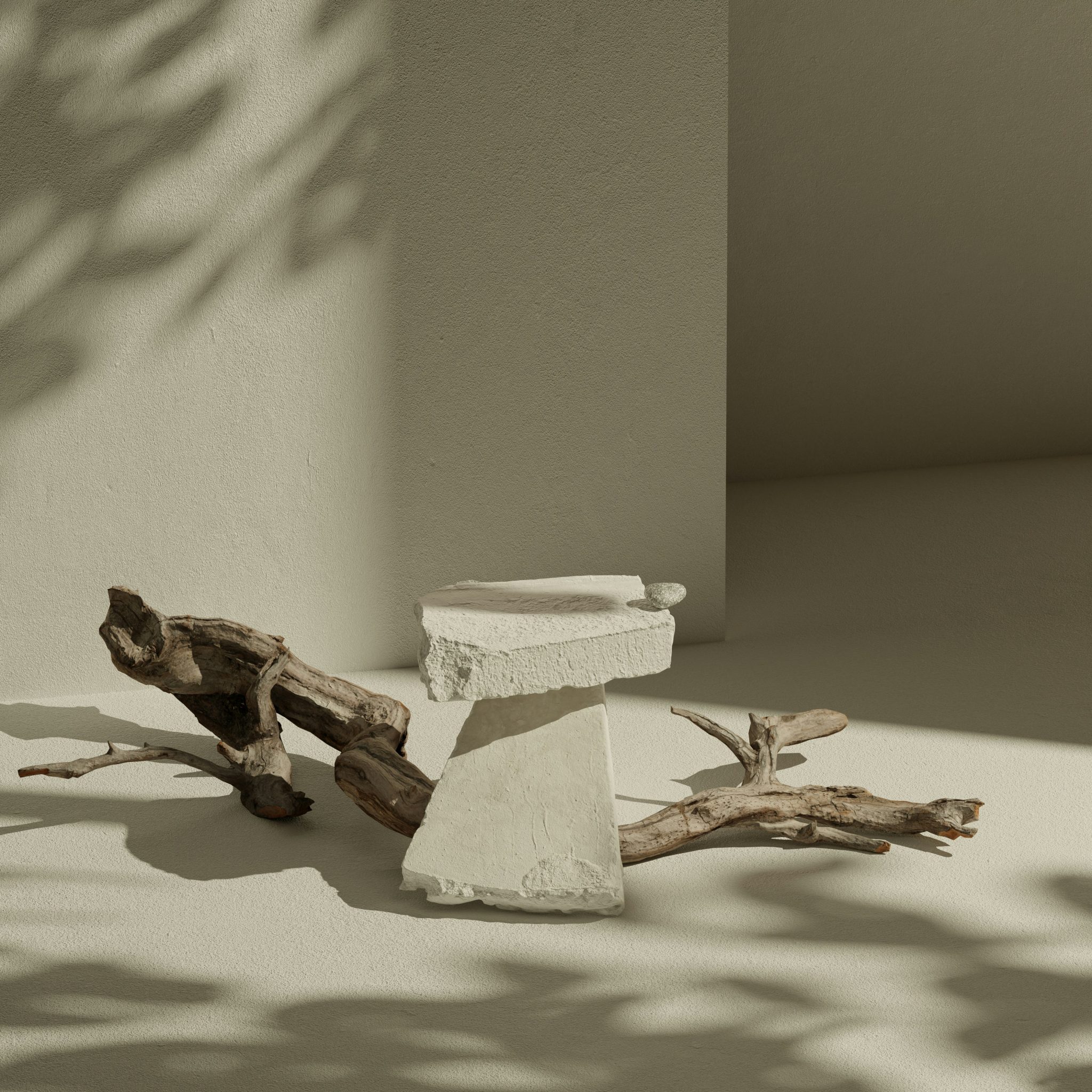 The image presents a minimalist arrangement of natural elements in a neutral-toned setting, likely intended to showcase artistic or decorative qualities. * **White stone pedestal** * The pedestal is crafted from rough-hewn white stone, featuring an irregular texture. * It has a flat top and stands on three legs that converge at the base, creating a sense of stability and balance. * The pedestal's surface displays subtle cracks and imperfections, adding to its organic appearance. * **Wooden branch** * A weathered wooden branch lies across the floor, extending from the left side of the image towards the right. * The branch exhibits a natural, rustic texture with visible knots and grooves. * Its color is a warm, earthy brown that complements the stone pedestal. * **White wall** * The background features a plain white wall with a subtle shadow cast by an unseen light source. * The wall provides a clean and neutral backdrop for the arrangement of natural elements. * **Shadow patterns** * The shadows cast by the branch create intricate patterns on the floor, adding depth and visual interest to the scene. * These shadows also highlight the textures and forms of the natural elements. In summary, the image showcases a harmonious blend of natural materials - stone pedestal, wooden branch, and white wall - arranged in a minimalist setting. The arrangement highlights the unique textures and forms of each element, creating a visually appealing composition that invites contemplation and appreciation for the beauty of nature.