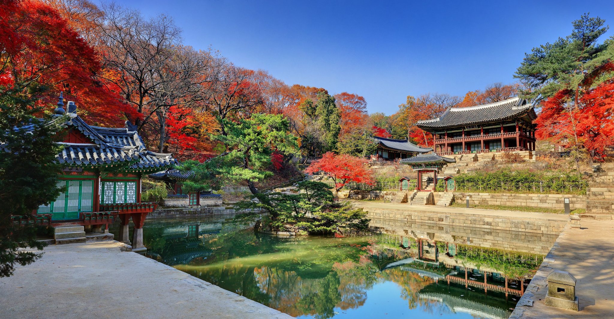 This serene photograph features a tranquil pond nestled within an ancient Korean temple, surrounded by vibrant autumn foliage. The pond's glassy surface reflects the surrounding trees, while two traditional buildings stand on opposite sides: one with a green roof and white windows, and another with a gray roof and red trim. The scene is set against a brilliant blue sky and lush vegetation, evoking a sense of peacefulness and tranquility.