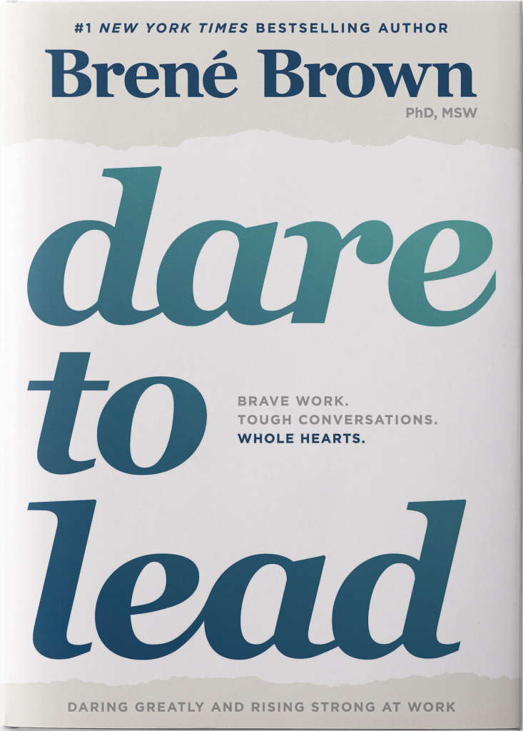 The image is the cover of Brene Brown's book, "Dare to Lead". The purpose of the image is to showcase the title and author of the book. * The title of the book is "Dare to Lead". + The title is written in large, light green text. + It takes up most of the top half of the cover. * The author's name is Brene Brown. + The author's name is written in small, dark blue text at the top-left corner of the cover. + It includes her credentials as a PhD and MSW. The image effectively conveys the title and author of the book, with the title being prominently displayed and the author's name subtly included.