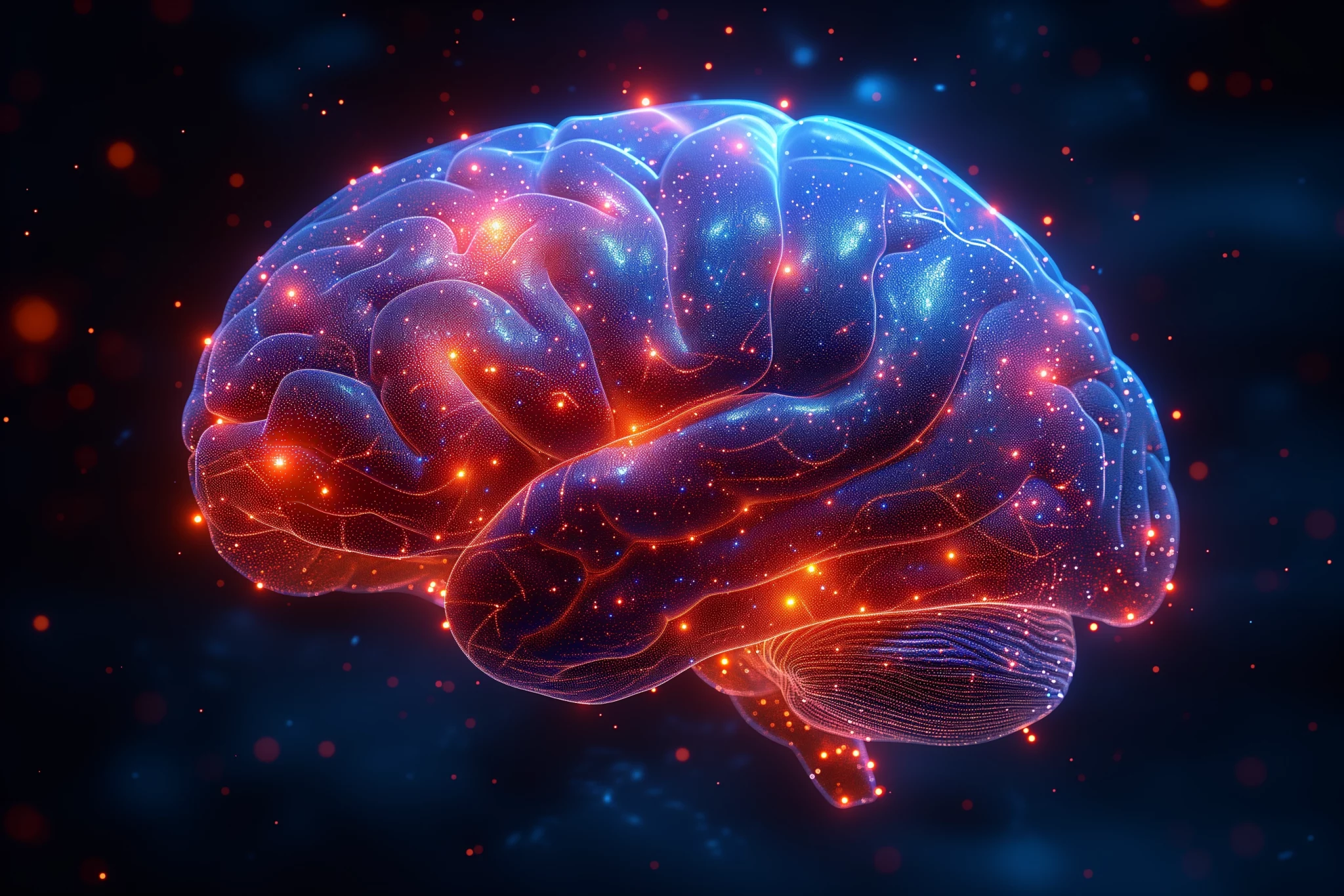The image presents a striking visual representation of two human brains, each radiating an otherworldly aura. In the foreground, two blue-colored brain models take center stage. The first brain is positioned on the left side of the image, with its right hemisphere facing forward and its left hemisphere slightly angled away from view. A network of glowing orange lines crisscrosses the surface of the brain, while tiny red dots, reminiscent of stars or sparks, are scattered throughout, imbuing the model with an ethereal quality. On the bottom right side of the image, a second blue-colored brain model is partially visible, with only its lower left hemisphere in view. A faint, translucent line connects this brain to the first one, suggesting a connection between them. The background of the image is a deep black, punctuated by small red dots that appear to be floating randomly throughout the space. The overall effect is one of mystique and intrigue, as if the brains are somehow connected to an unseen realm or dimension.