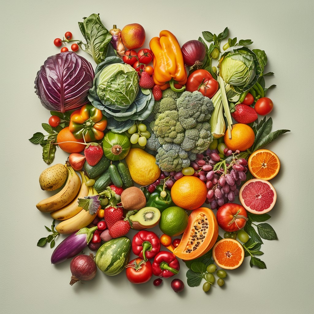 The image is a photograph of various fruits and vegetables arranged in a circular pattern, with the following characteristics: * A variety of colorful fruits and vegetables are arranged in a circular pattern. + The arrangement includes red cabbage, bell peppers, strawberries, oranges, grapes, broccoli, cauliflower, eggplants, avocados, bananas, papayas, tomatoes, lemons, limes, kiwis, watermelons, cantaloupes, cucumbers, zucchinis, squash, and onions. + The arrangement is symmetrical, with each type of fruit or vegetable placed in a specific location to create a sense of balance and harmony. The image presents a visually appealing display of healthy foods, showcasing the diversity of colors and shapes that can be found in nature.