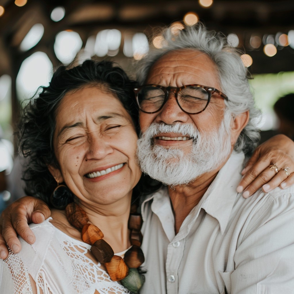 The image depicts an elderly couple embracing, conveying a sense of warmth and affection. * The woman is dressed in a white blouse with lace trim on the sleeves. * Her dark hair is styled in loose waves, framing her face. * She wears hoop earrings that add a touch of elegance to her overall appearance. * A chunky necklace featuring large brown beads adds a pop of color and texture to her outfit. * The man sports a white button-down shirt with the top button undone, revealing a hint of his chest. * His hair is gray and unkempt, framing his face in a wispy manner. * He wears tortoiseshell glasses perched on the end of his nose, giving him a distinguished look. * The couple's arms are wrapped around each other, conveying a sense of closeness and affection. The image exudes a sense of warmth and connection between the elderly couple, capturing a tender moment in their relationship.
