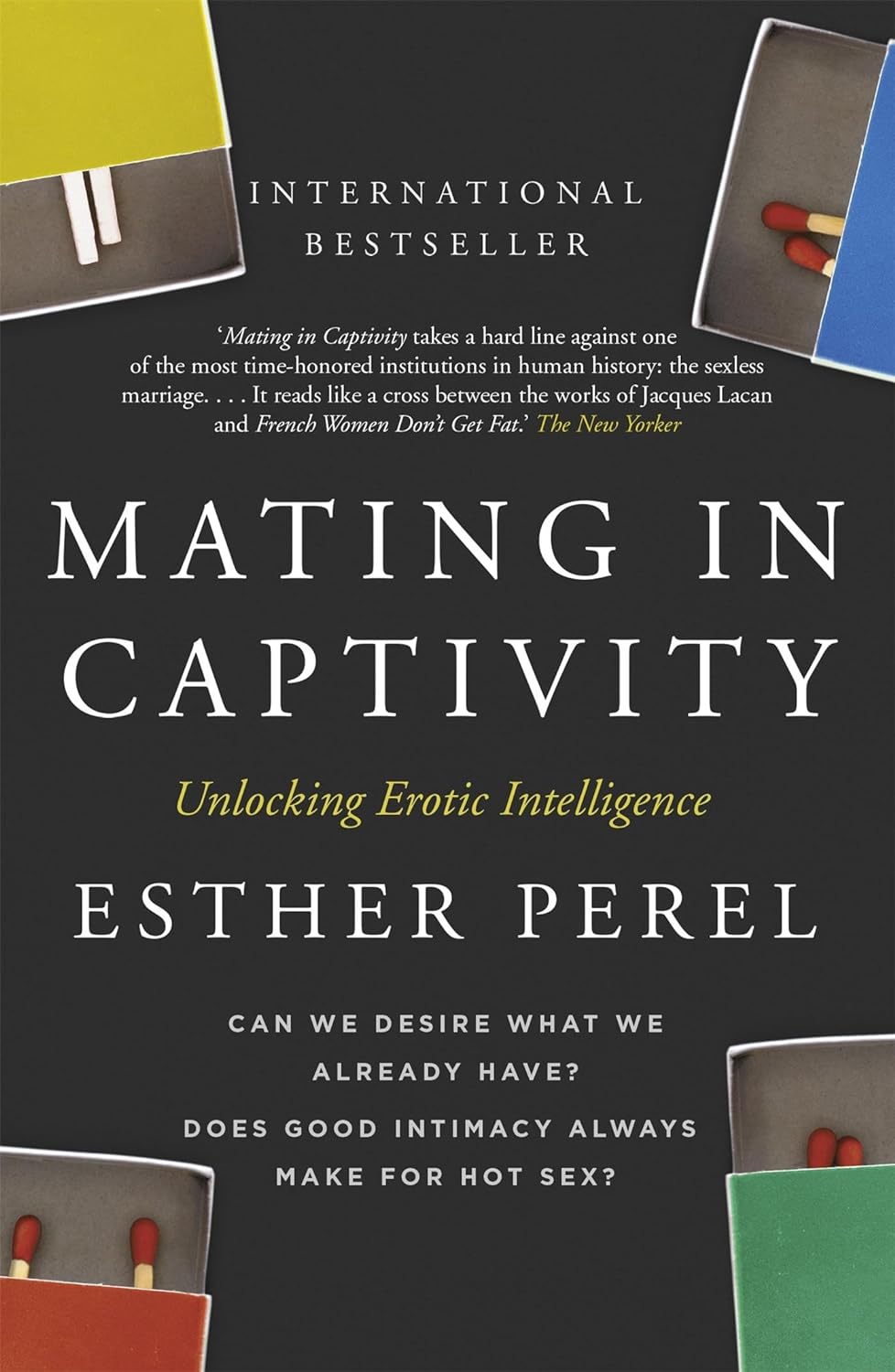 Alt tag: Cover of the book "Mating in Captivity" by Esther Perel, featuring bold white and yellow text on a black background with colorful block designs, exploring themes of desire and intimacy in relationships.
