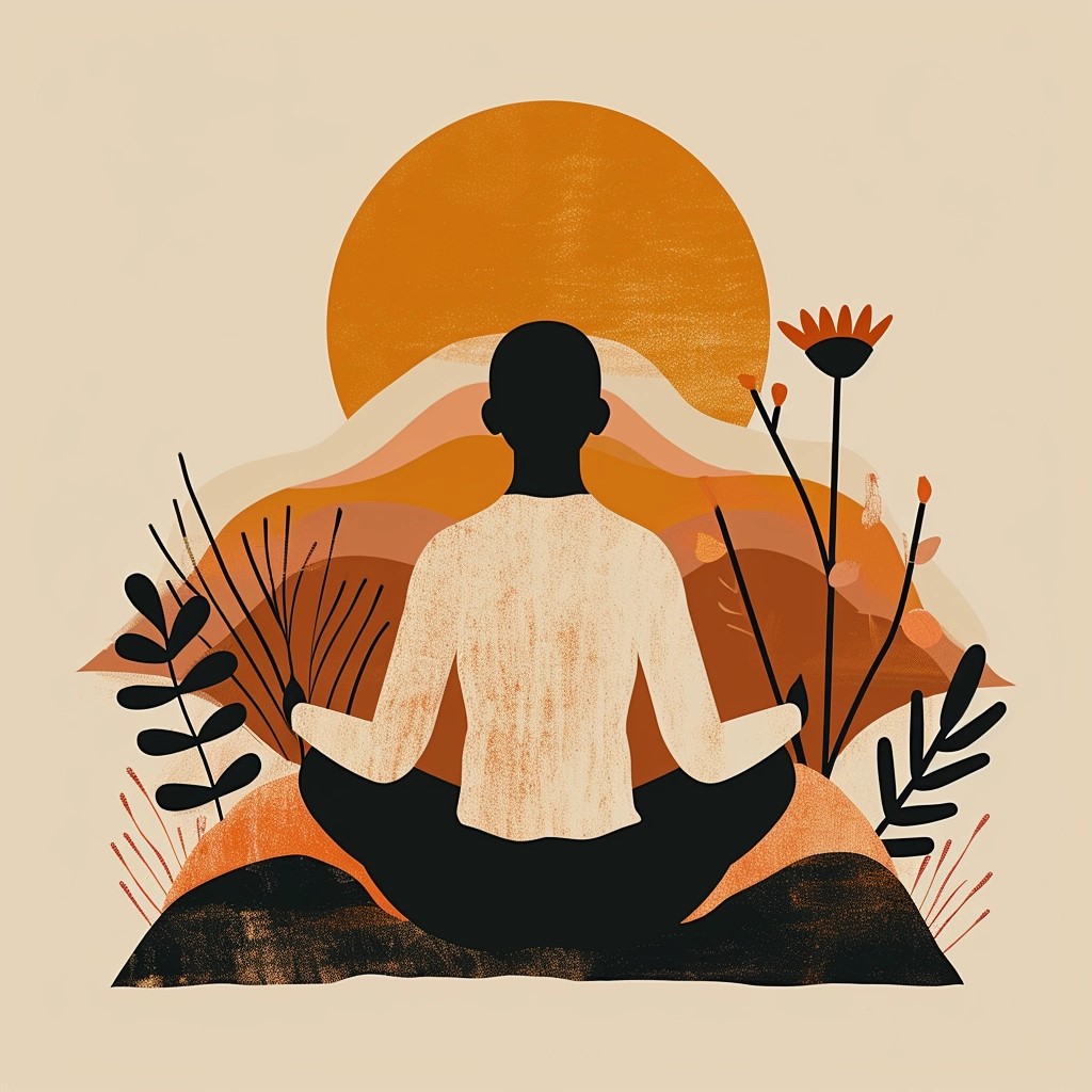 A silhouette of a person meditating amidst abstract mountains and plants, with a warm sun setting in the background, creating a peaceful and serene atmosphere.