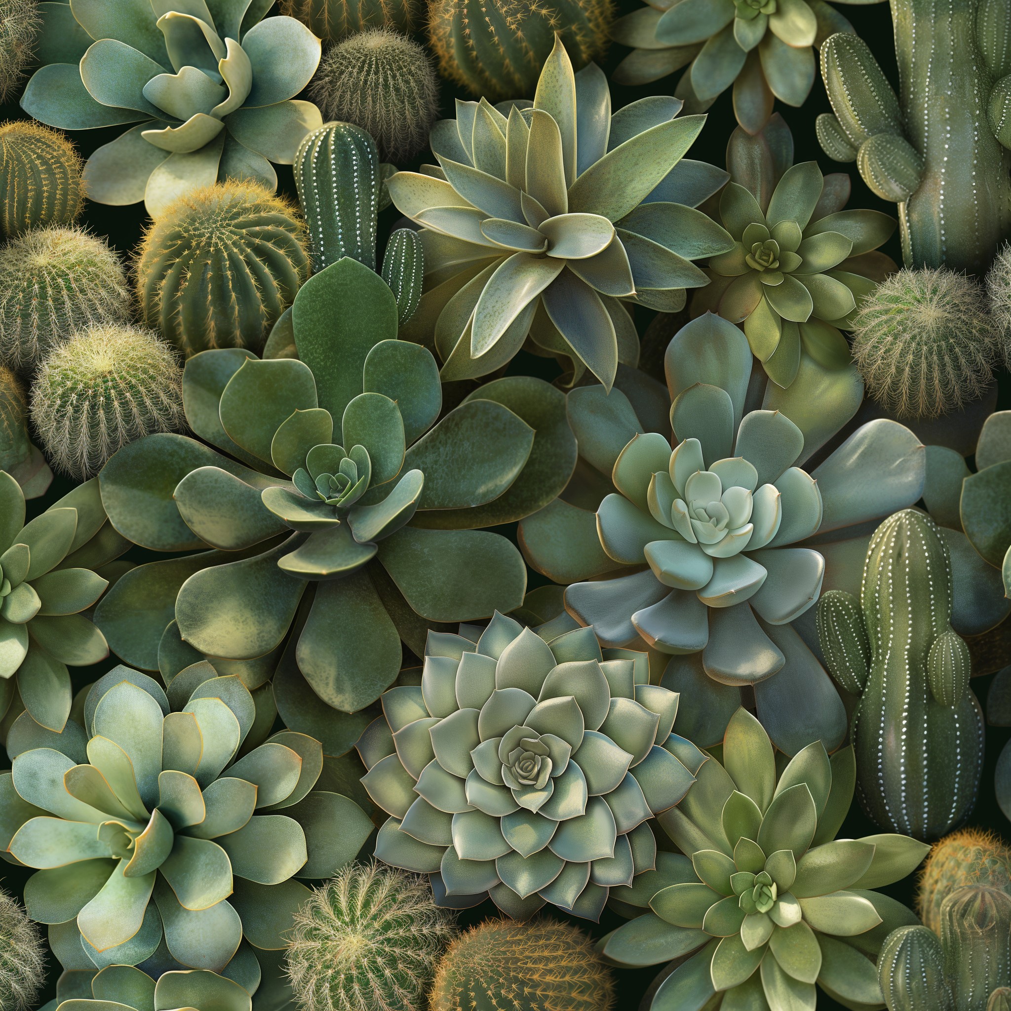 The image showcases an assortment of succulents and cacti, with the majority being green in color. In the foreground, there are numerous small to medium-sized cacti with varying shapes and sizes. Some have rounded bodies while others resemble thin columns or cylinders. The cacti display a range of shades of green, from light minty tones to deeper forest greens. There is also a scattering of succulents, which have flat, round leaves that are typically thicker than those of regular plants. The background is not visible due to the densely packed arrangement of the succulents and cacti. The overall atmosphere suggests a well-maintained garden or indoor setting, possibly in a greenhouse or conservatory.