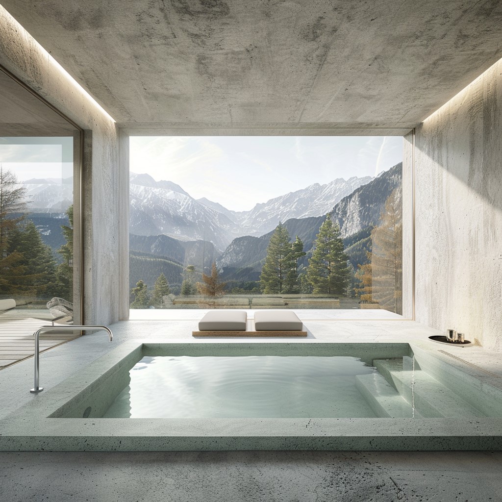Alt tag: Modern indoor spa with a small plunge pool and mountain view through large glass windows, featuring a minimalist design with concrete walls and two lounge chairs.