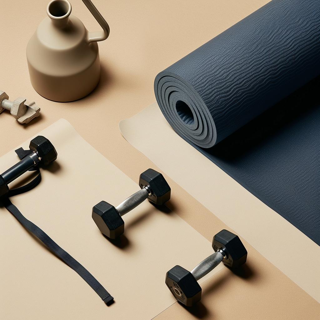 The image depicts a collection of exercise equipment and accessories, arranged on a neutral-colored background. In the foreground, two dumbbells are prominently displayed, one lying flat with its handle facing upwards, while the other is positioned vertically, also with its handle facing upwards. Both dumbbells feature black heads and silver handles. A small strap or resistance band lies adjacent to them, adding an element of versatility to the setup. To the left of the dumbbells, a beige-colored water bottle with a grey handle takes center stage, its cylindrical shape and rounded base creating a sense of balance in the composition. Moving towards the right side of the image, a rolled-up dark blue yoga mat adds a pop of color and texture, while a light tan-colored yoga mat lies flat beneath it, providing a subtle contrast to the darker hue above. The background of the image is characterized by a warm, beige tone that dominates the entire scene. The overall atmosphere evokes a sense of calmness and serenity, as if the viewer has stumbled upon a peaceful exercise space in a natural setting.