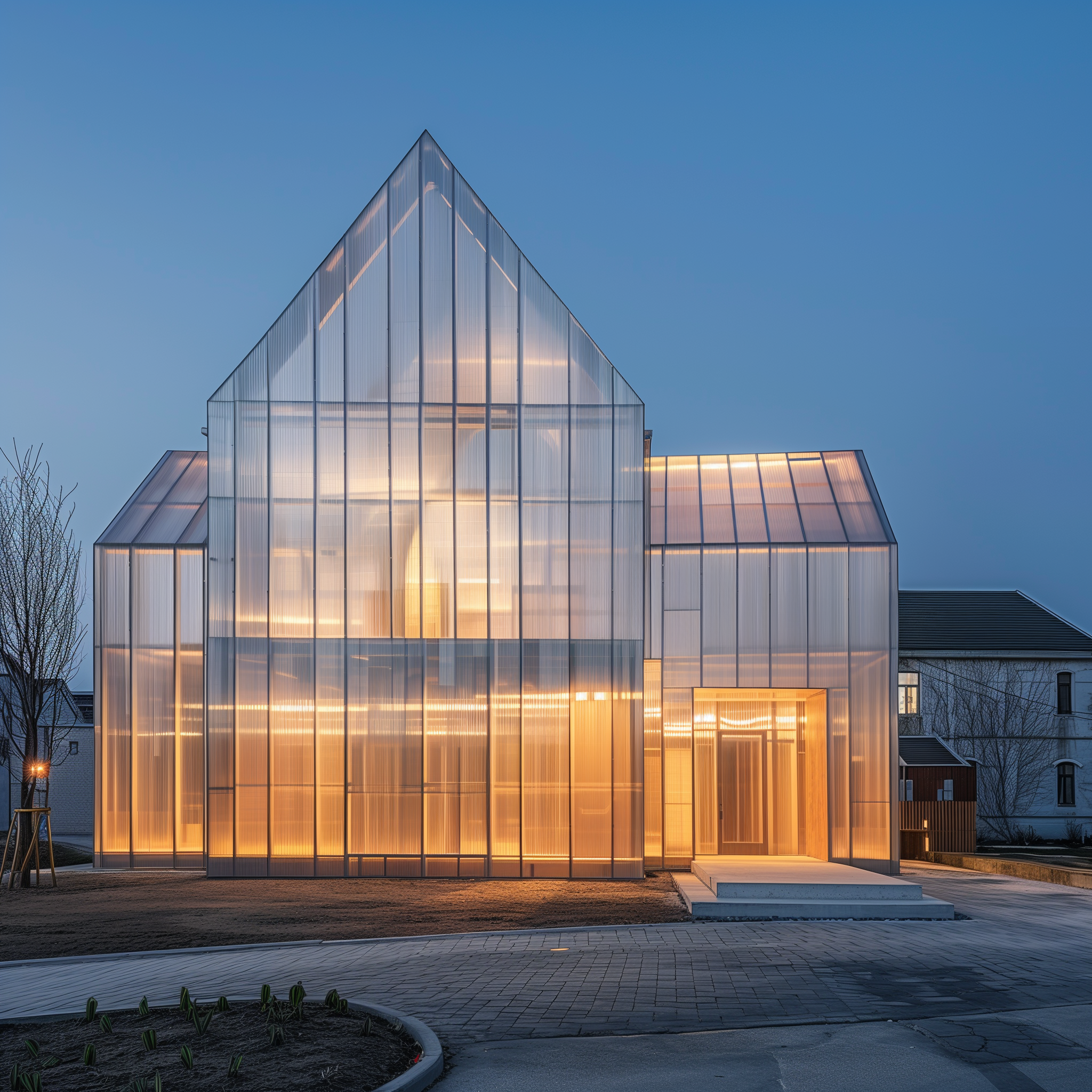 This image features a large, transparent structure with a distinctive pointed roof, illuminated from within by warm yellow light. The building's façade comprises numerous glass panels arranged in a grid pattern on its front side, while the rear is characterized by a series of vertical panes that extend upwards to form the pointed roof. The surrounding landscape is largely barren, with only a few bare trees visible behind the structure. In the background, an old-fashioned house with a dark roof can be seen to the right.