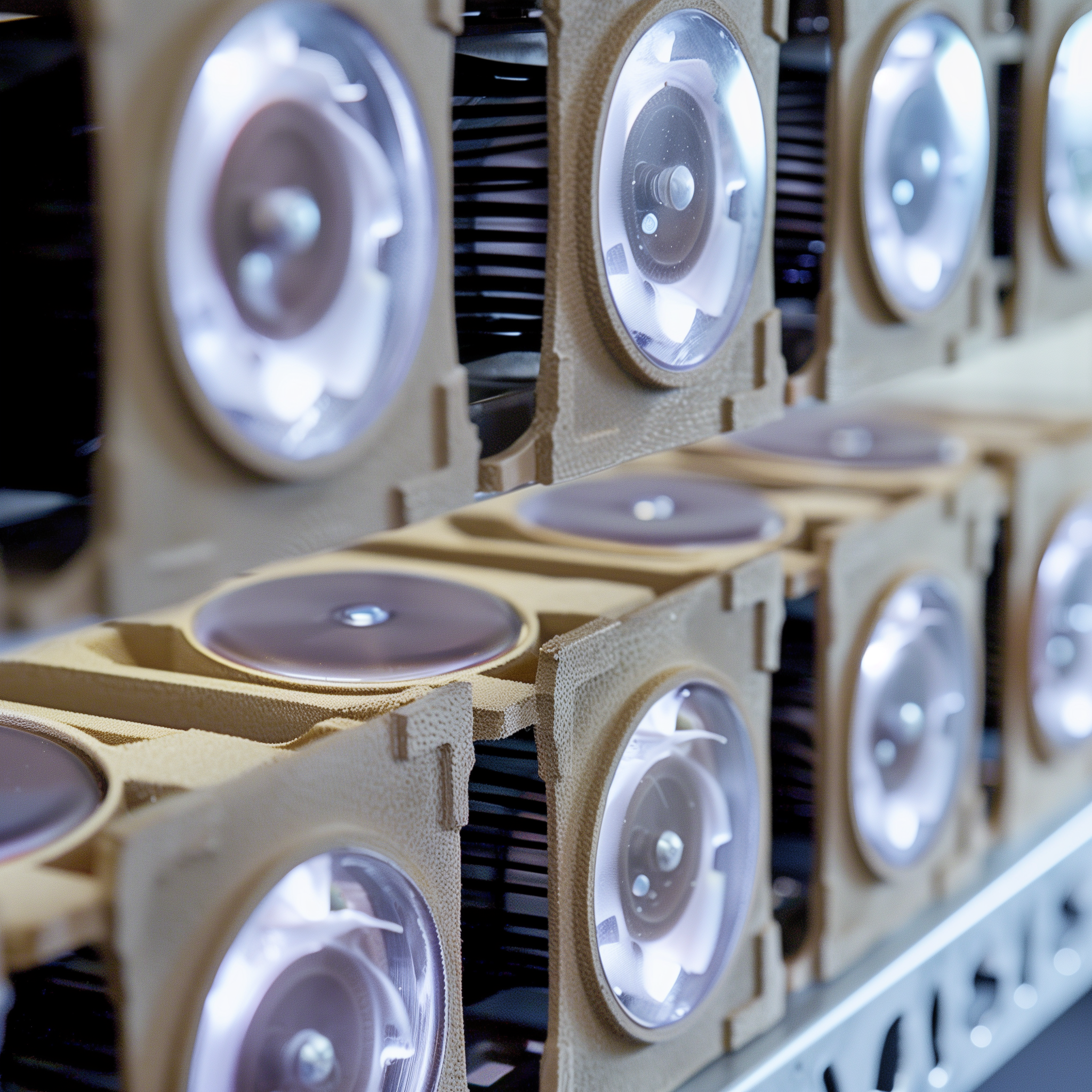 The image depicts a collection of identical beige-colored devices, each featuring a round metal component with a silver or chrome finish on the front. These devices are arranged in rows, with multiple units visible in the background. The overall appearance suggests that they may be part of an industrial setup or production line. * **Device Design and Color** * The devices have a beige color. * Each device has a round metal component with a silver or chrome finish on the front. * **Arrangement and Background** * The devices are arranged in rows. * Multiple units are visible in the background. * **Possible Industrial Setup or Production Line** * The arrangement of the devices suggests they may be part of an industrial setup or production line.