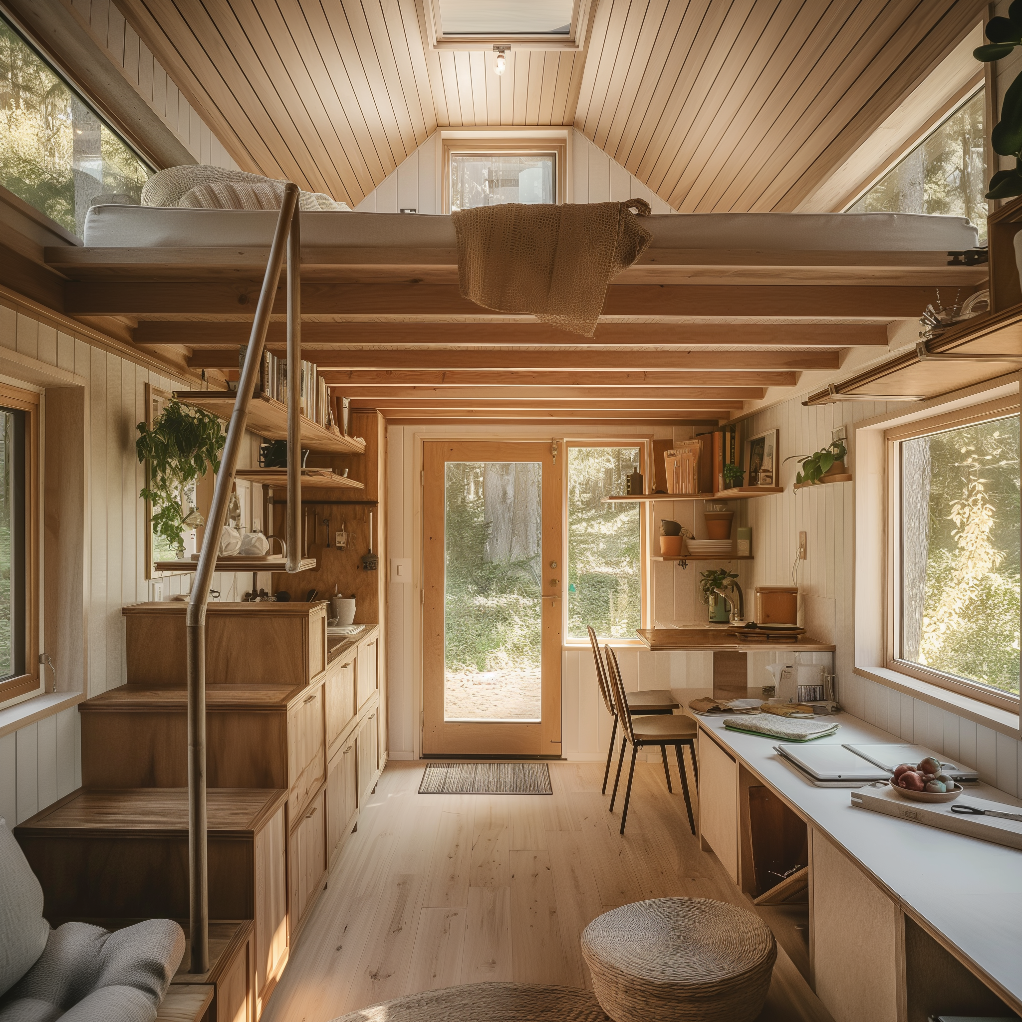 The image depicts the interior of a compact, cozy living space with a lofted bed and kitchenette. In the foreground, the room features a small, open-plan area with a ladder leading up to a raised platform that serves as a bedroom or storage space. The walls are adorned with light-colored wood paneling, adding warmth and texture to the space. A set of wooden stairs leads down from the lofted bed to the main living area. To the right of the room is a small kitchenette equipped with essential appliances and utensils. On the left side of the room is a small seating area, complete with a chair or stool. The overall atmosphere of the image suggests that this tiny home is designed for simplicity, comfort, and practicality. The use of natural materials such as wood paneling creates a warm and inviting ambiance, while the compact layout makes efficient use of space.