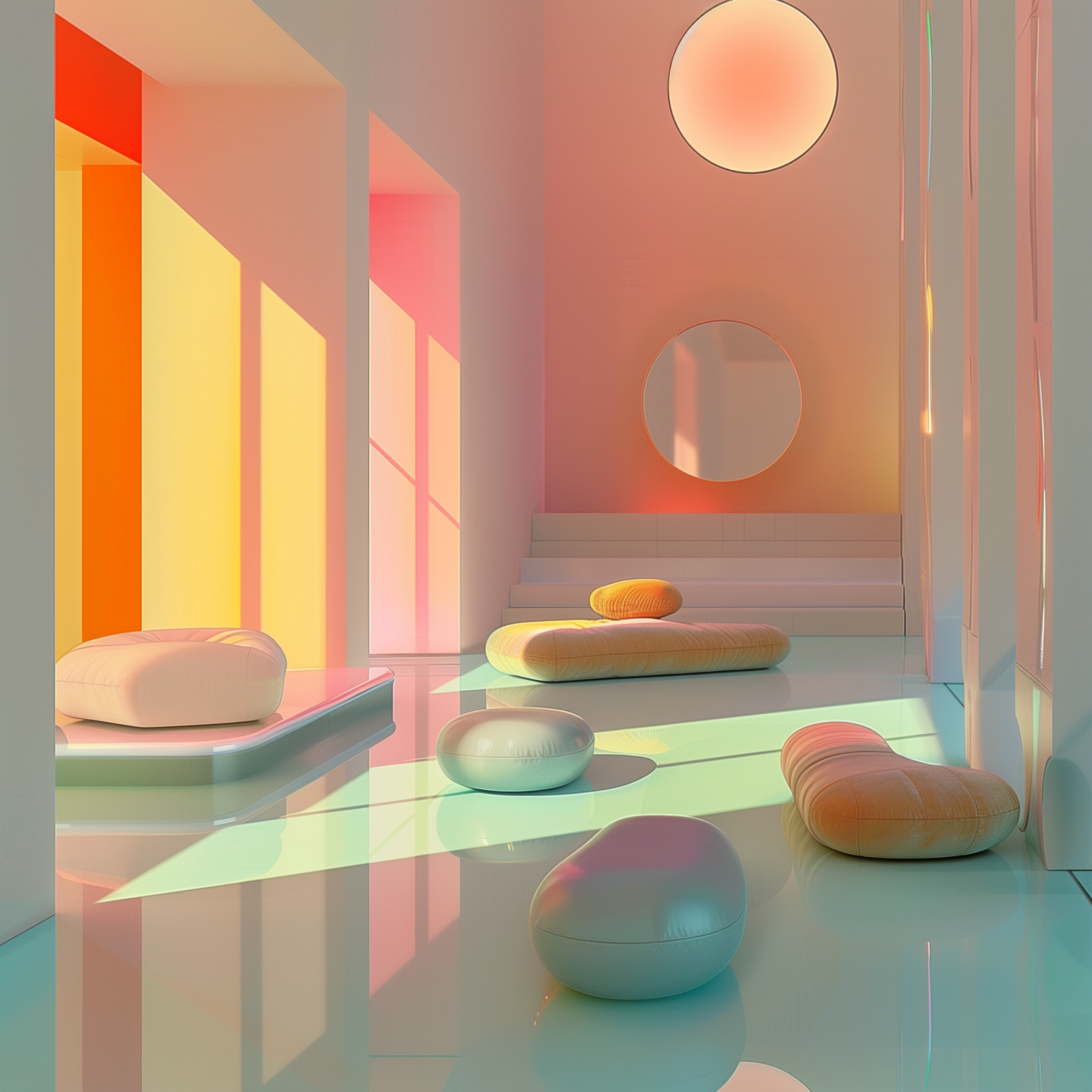 A vibrant, minimalist interior space bathed in soft pastel colors, featuring rounded cushions and large circular windows that create colorful reflections on glossy floors.