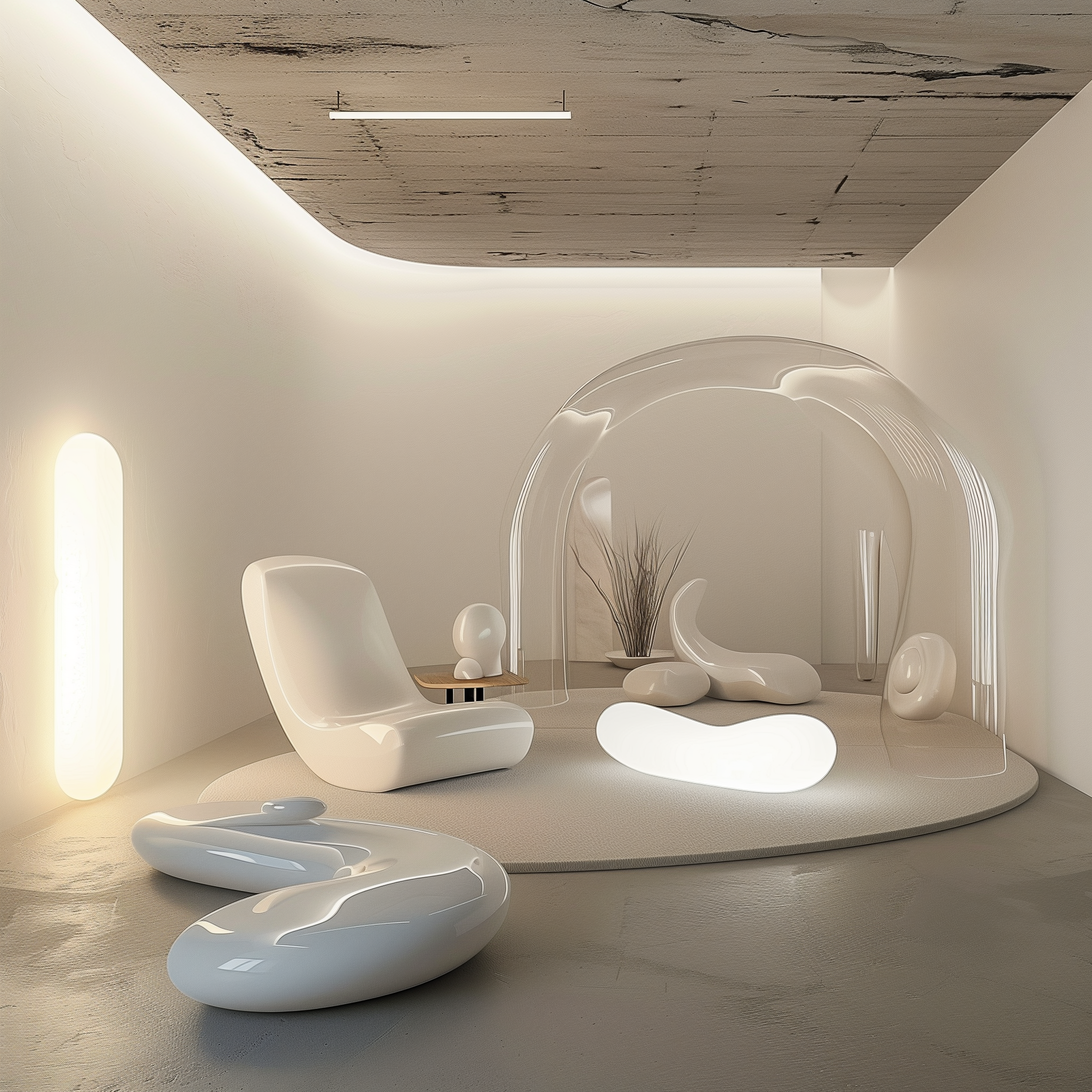 The image showcases a futuristic, minimalist room with an all-white color scheme and sleek design elements. In the foreground, two white chairs are positioned on either side of the room, while a transparent bubble or dome is situated in front of them. The ceiling features marble-like tiles and a single light fixture, accompanied by a long, narrow tube emitting soft illumination from its left end to the right wall. In the background, a plant sits atop a circular platform within the transparent structure. The overall atmosphere of the image exudes modernity and sophistication, suggesting that it may be used as an advertisement for a furniture or interior design company.