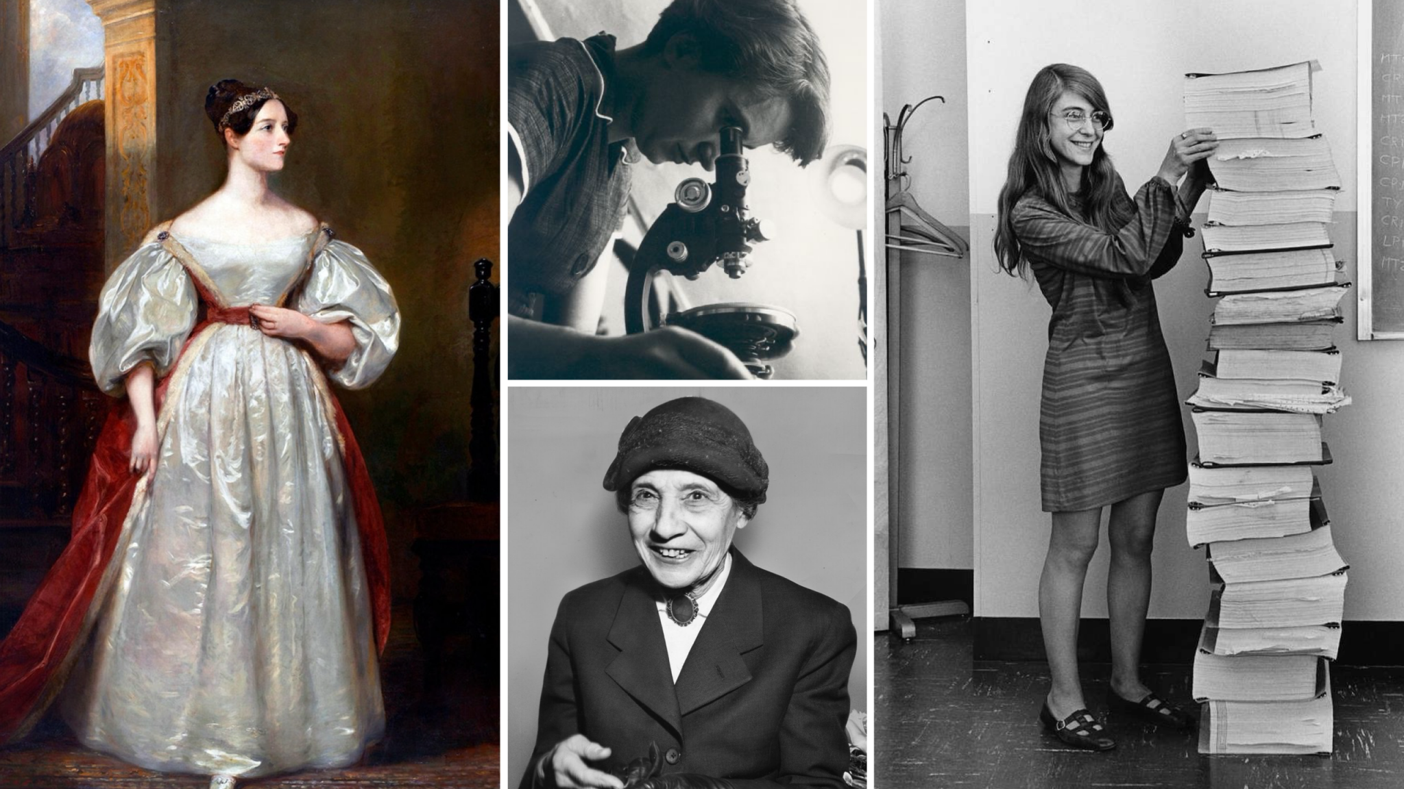 Alt tag: "A collage featuring a portrait of a woman in a Victorian dress, a young person looking through a microscope, a smiling elderly woman in a black hat, and a woman holding a tall stack of papers."