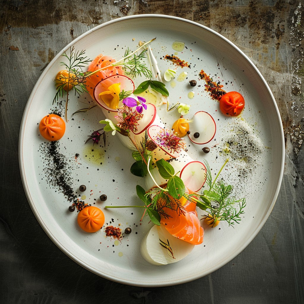 Artfully arranged gourmet dish featuring slices of salmon, colorful garnishes, edible flowers, and vibrant vegetables on a white plate, presented on a rustic surface.