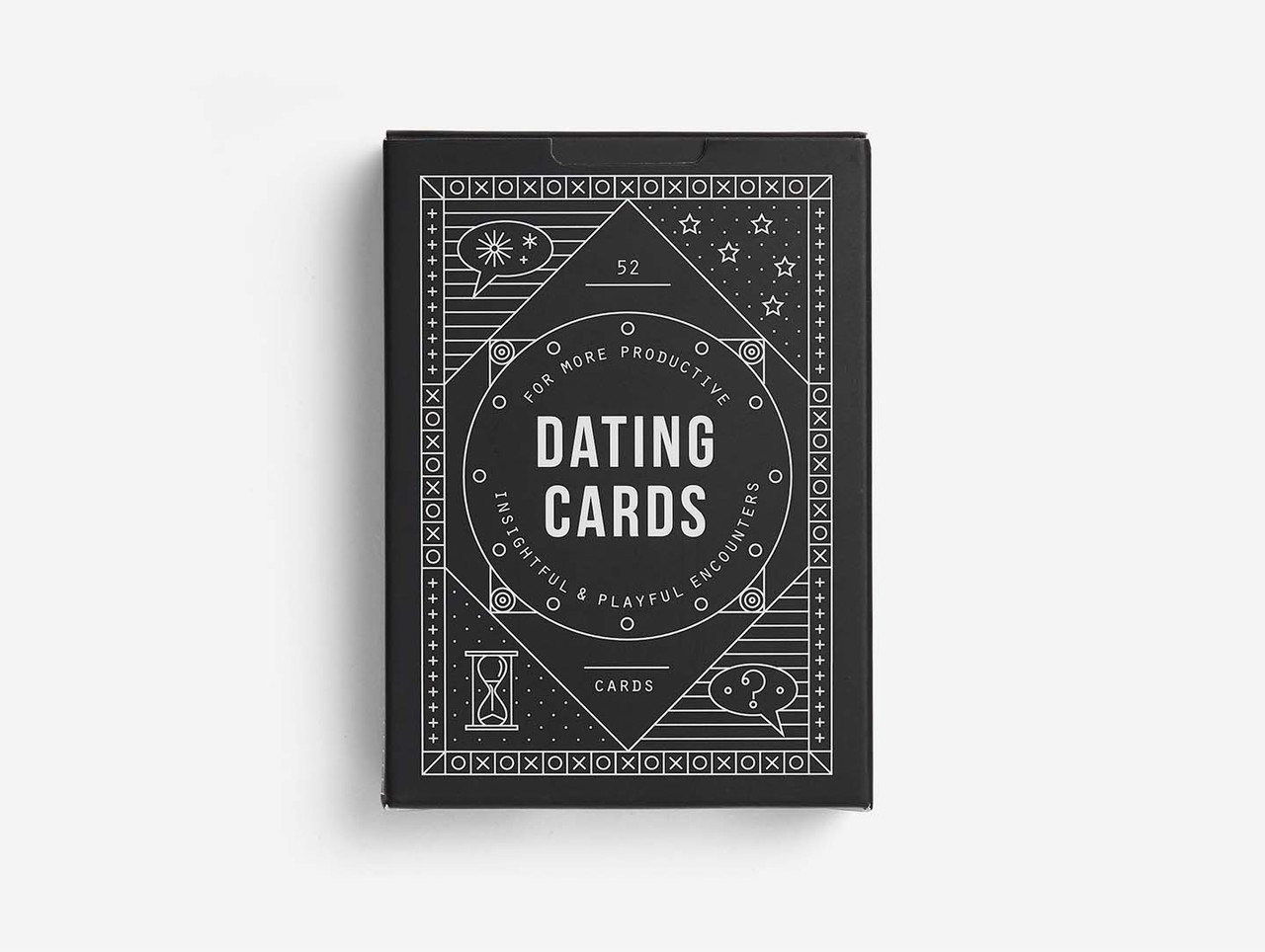The image depicts a box of dating cards, with the title "DATING CARDS" prominently displayed on the front. The purpose of this product is to provide a fun and interactive way for people to improve their dating lives. Here are some key features of the image: * **Box Design:** + The box has a dark gray color. + It features white text that reads "DATING CARDS". + There are various symbols and shapes on the front, including stars, circles, and lines. * **Background:** + The background is a light gray color. + It provides a clean and neutral contrast to the darker-colored box. Overall, the image effectively showcases the product's design and features, making it appealing to potential customers who are interested in improving their dating lives.