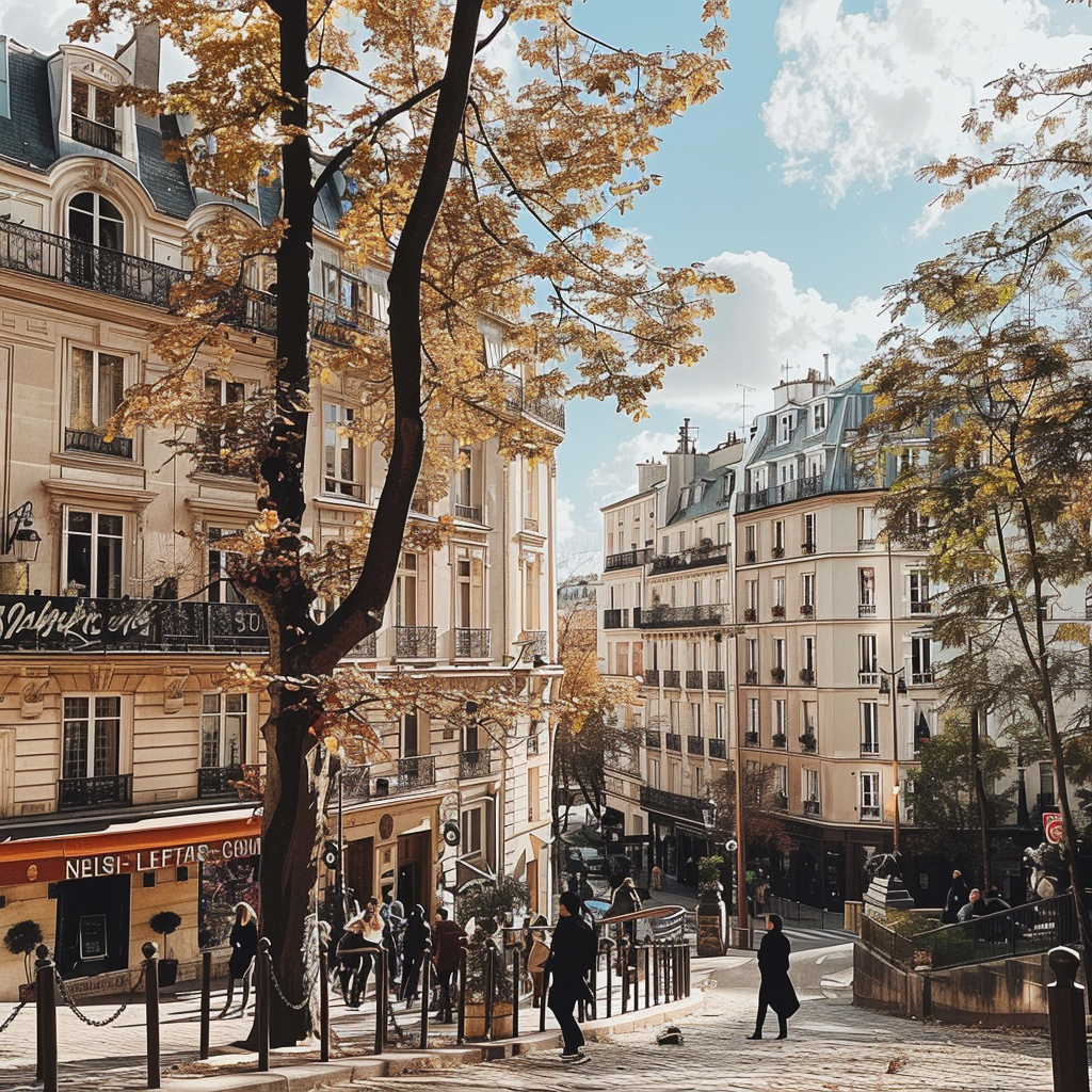 Autumn scene in a Parisian neighborhood, featuring street-level views of classic architecture, golden leaves, and people strolling along a sloped street under a partly cloudy sky.
