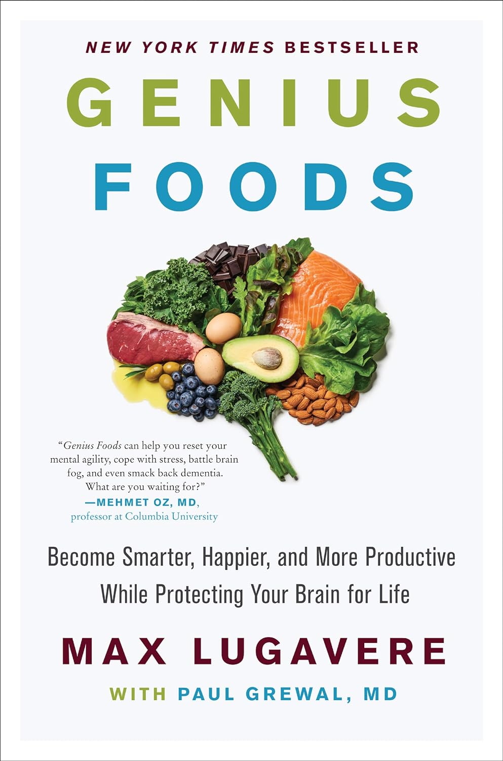 The image is the cover of the book "Genius Foods" by Max Lugavere, which explores the connection between diet and brain health. * The title "GENIUS FOODS" is prominently displayed in large letters. + The word "GENIUS" is in green, while "FOODS" is in blue. + The font style is bold and modern, drawing attention to the book's focus on healthy eating habits. * A brain-shaped arrangement of various fruits and vegetables is placed below the title. + The arrangement includes a variety of colorful vegetables such as broccoli, spinach, and bell peppers. + Fruits like blueberries, strawberries, and avocado are also included in the design. + The use of a brain shape emphasizes the connection between diet and cognitive function. * The author's name, "MAX LUGAVERE", is written in red text at the bottom of the cover. + The font style is simple yet elegant, providing a clear contrast to the more decorative title font. Overall, the image effectively conveys the book's focus on the relationship between diet and brain health, making it an attractive and informative cover design.