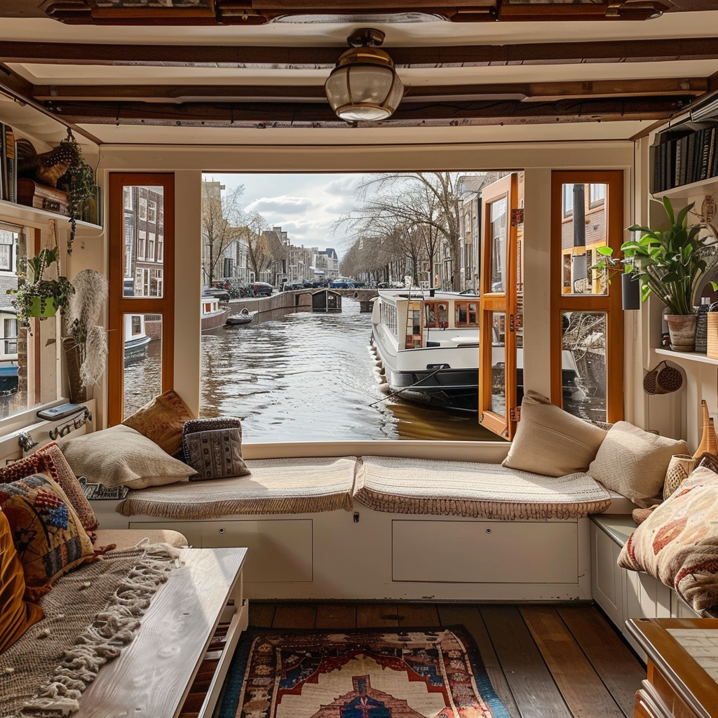 Cozy interior view of a houseboat in Amsterdam, featuring a window seat with cushions, overlooking a peaceful canal lined with trees and boats under a partly cloudy sky.